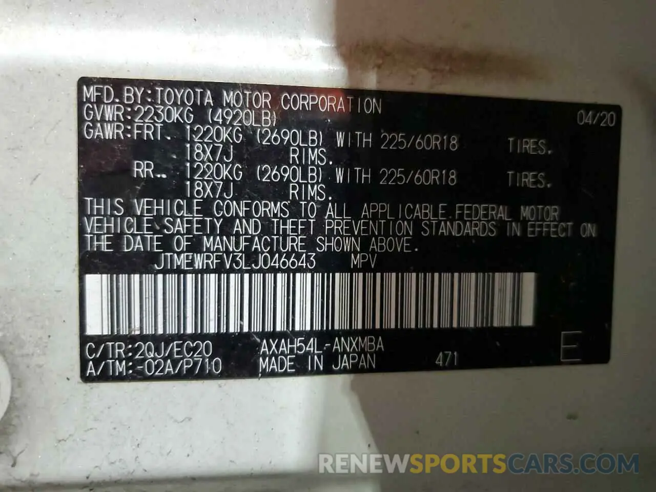 13 Фотография поврежденного автомобиля JTMEWRFV3LJ046643 TOYOTA RAV4 2020