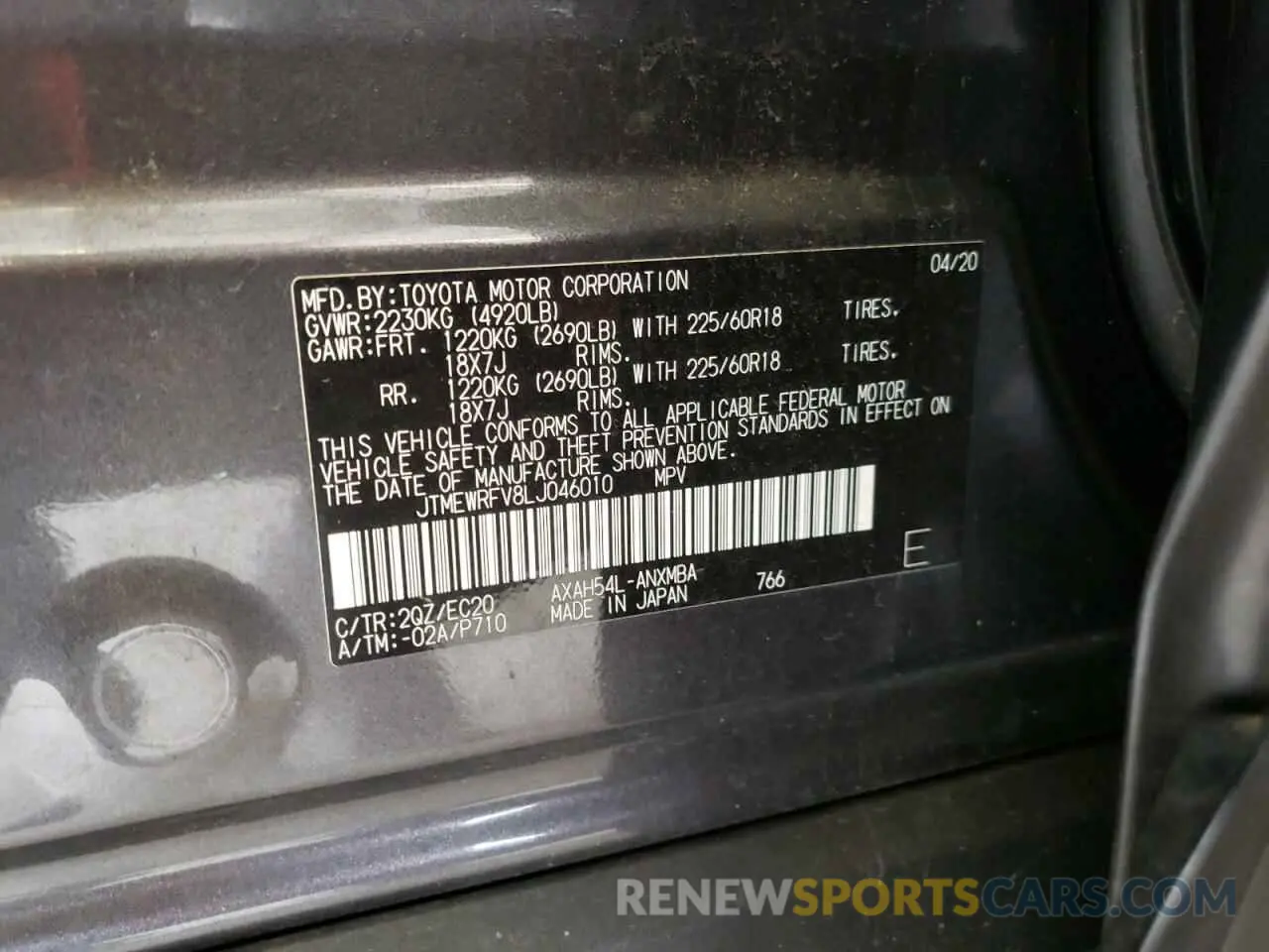10 Фотография поврежденного автомобиля JTMEWRFV8LJ046010 TOYOTA RAV4 2020