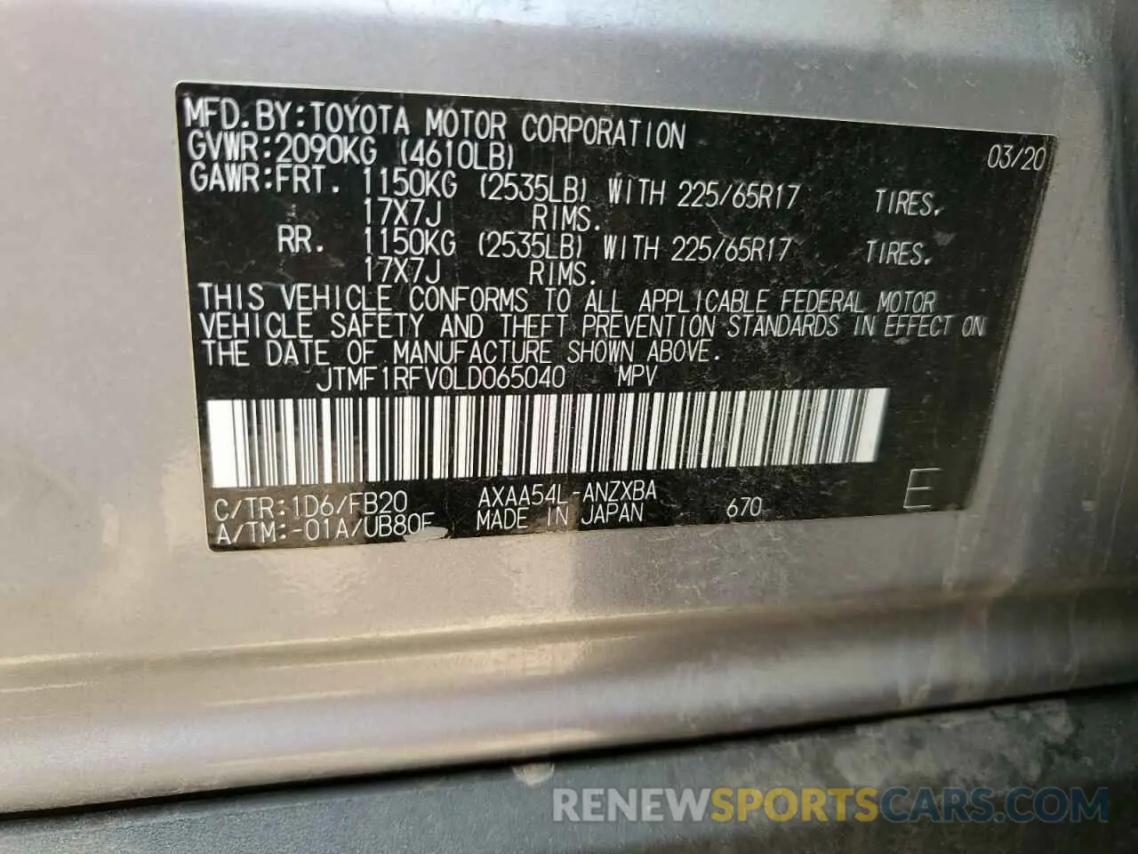 13 Фотография поврежденного автомобиля JTMF1RFV0LD065040 TOYOTA RAV4 2020