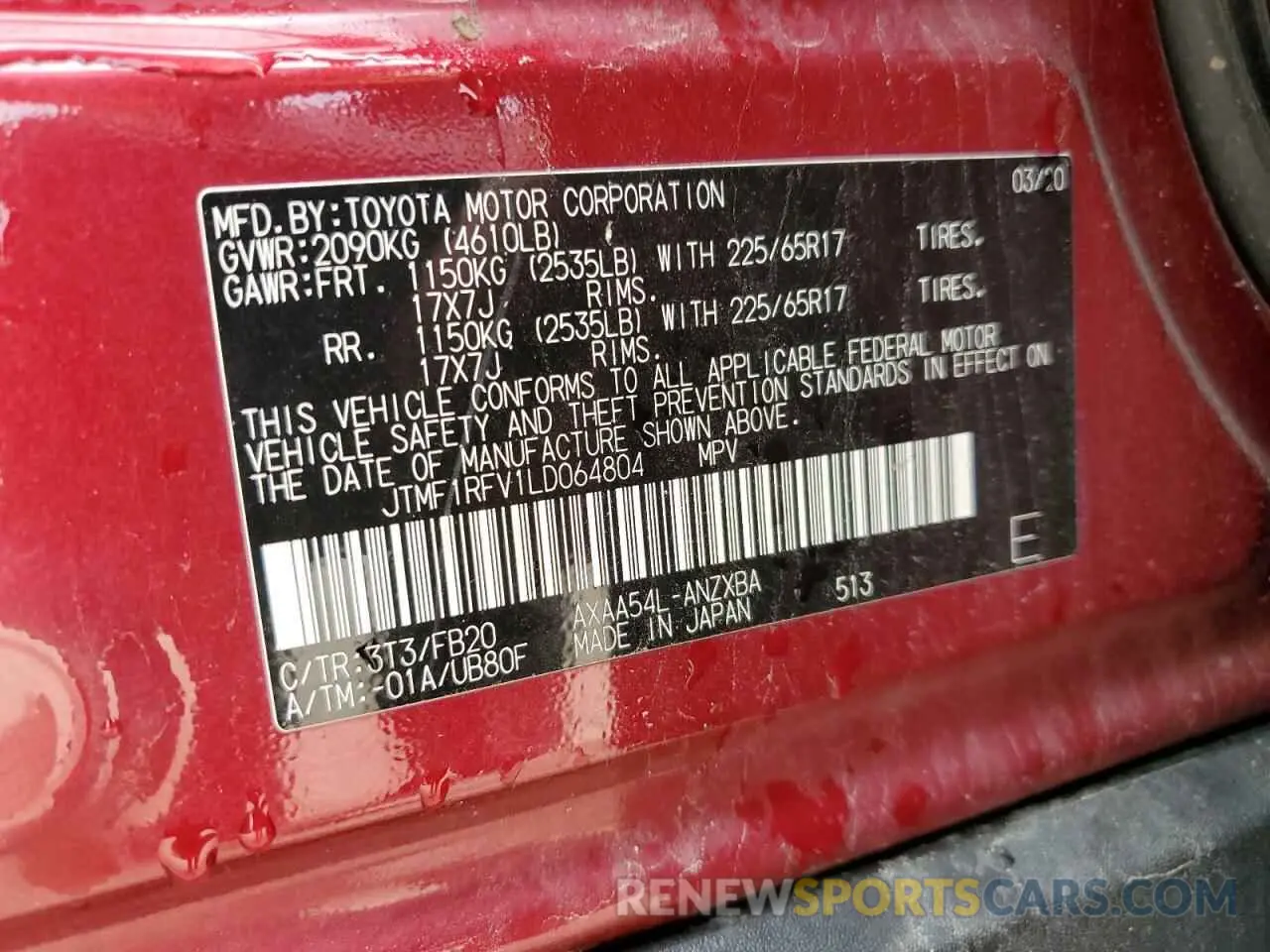 12 Фотография поврежденного автомобиля JTMF1RFV1LD064804 TOYOTA RAV4 2020