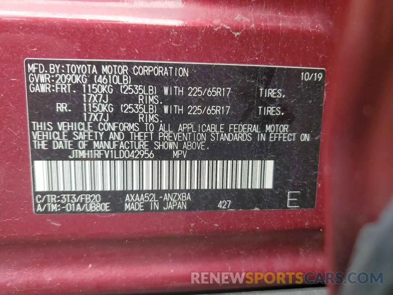 12 Photograph of a damaged car JTMH1RFV1LD042956 TOYOTA RAV4 2020