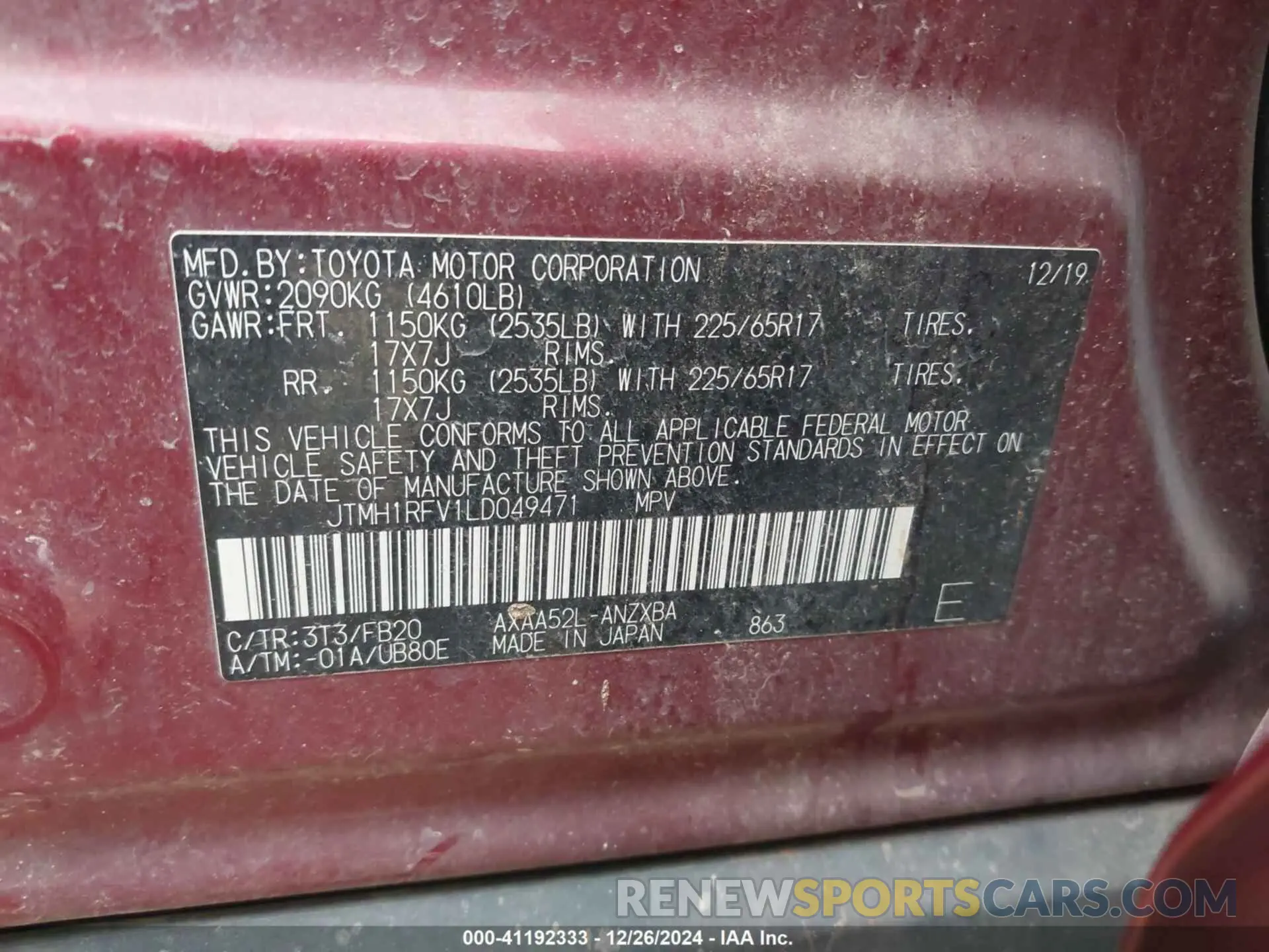 9 Фотография поврежденного автомобиля JTMH1RFV1LD049471 TOYOTA RAV4 2020