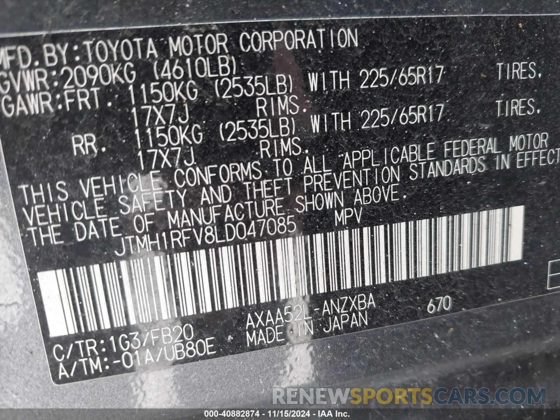 9 Photograph of a damaged car JTMH1RFV8LD047085 TOYOTA RAV4 2020