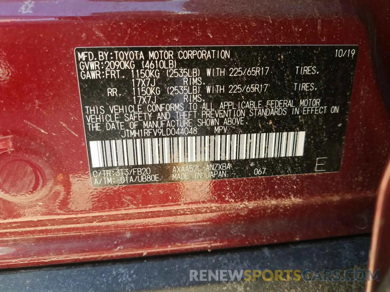 10 Photograph of a damaged car JTMH1RFV9LD044048 TOYOTA RAV4 2020