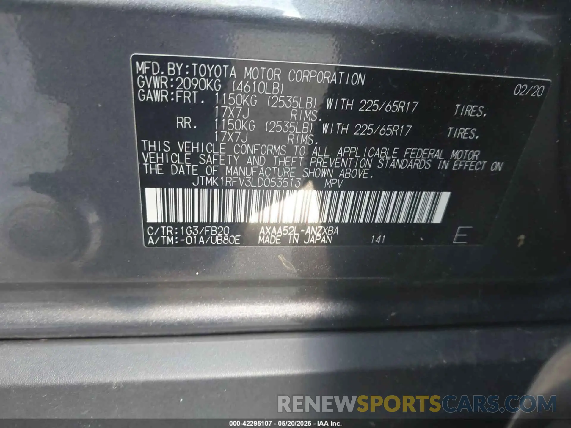 9 Photograph of a damaged car JTMK1RFV3LD053513 TOYOTA RAV4 2020