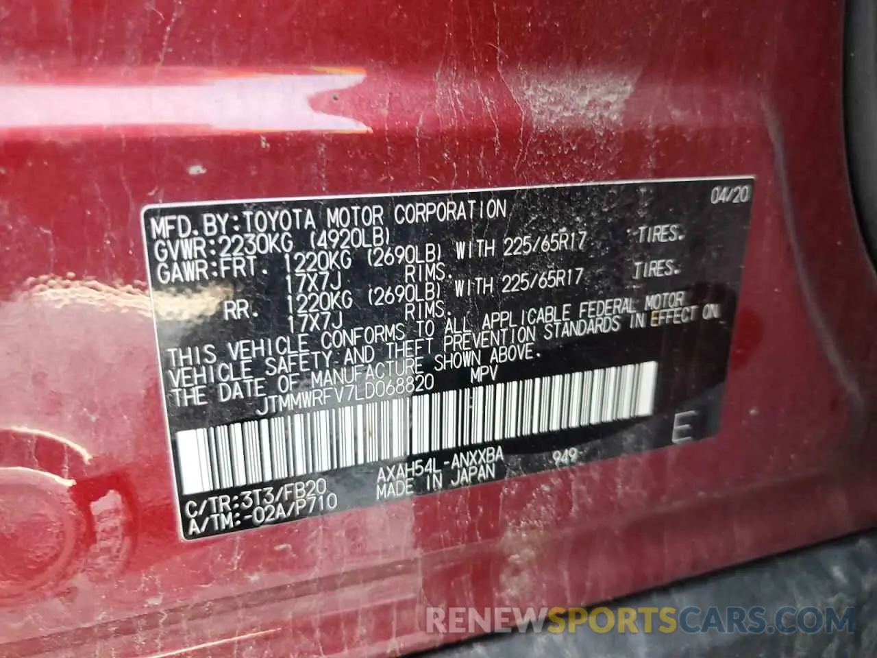 13 Фотография поврежденного автомобиля JTMMWRFV7LD068820 TOYOTA RAV4 2020