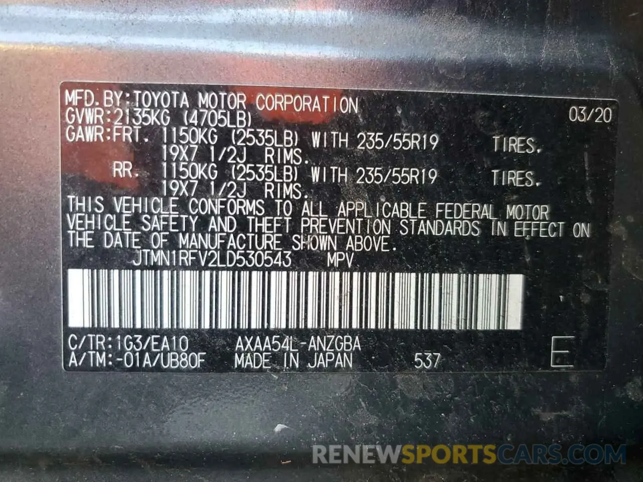 13 Photograph of a damaged car JTMN1RFV2LD530543 TOYOTA RAV4 2020