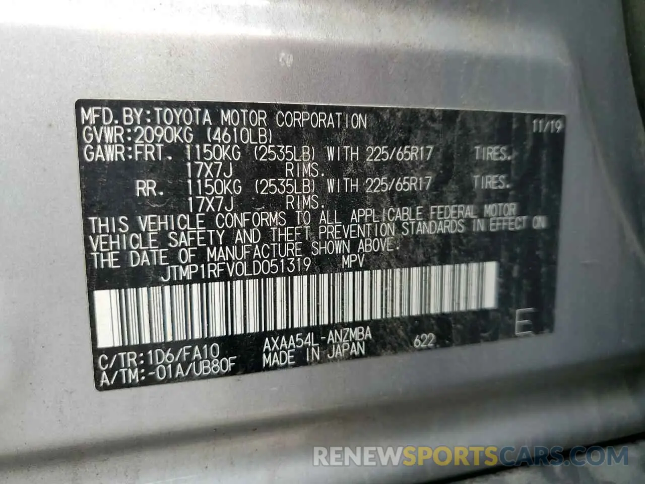 13 Фотография поврежденного автомобиля JTMP1RFV0LD051319 TOYOTA RAV4 2020