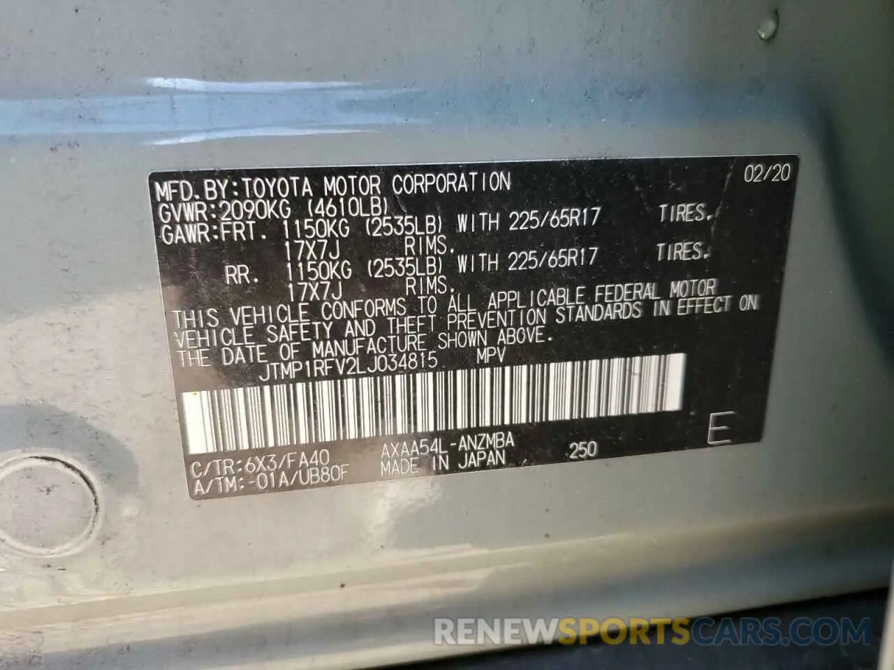 14 Фотография поврежденного автомобиля JTMP1RFV2LJ034815 TOYOTA RAV4 2020
