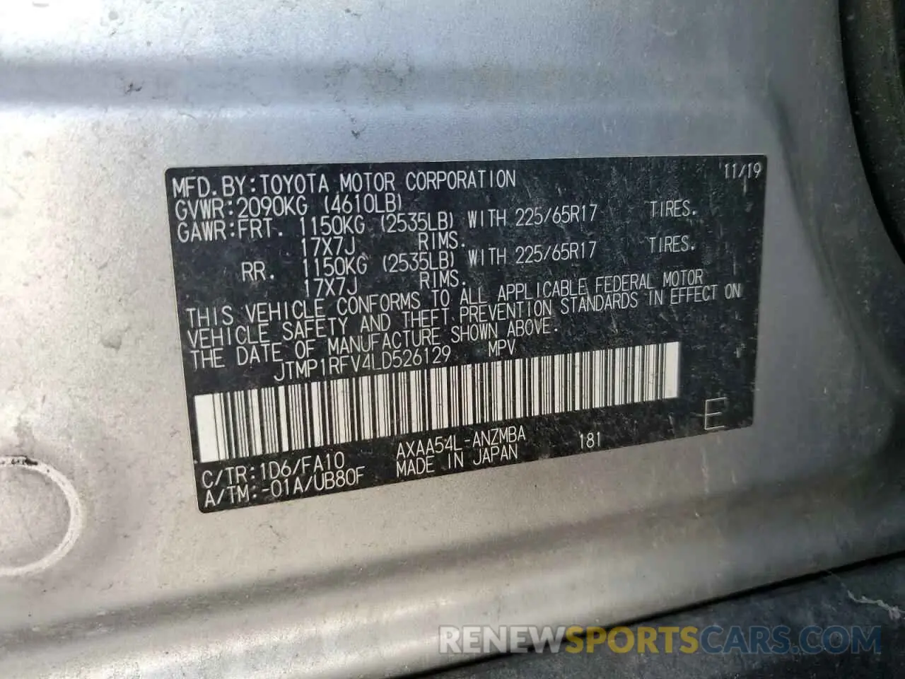13 Фотография поврежденного автомобиля JTMP1RFV4LD526129 TOYOTA RAV4 2020