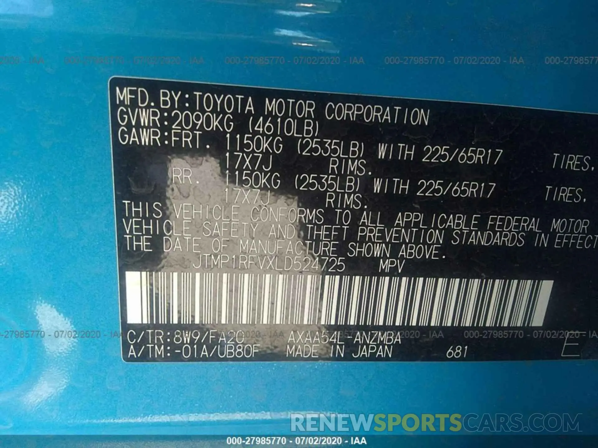 9 Photograph of a damaged car JTMP1RFVXLD524725 TOYOTA RAV4 2020