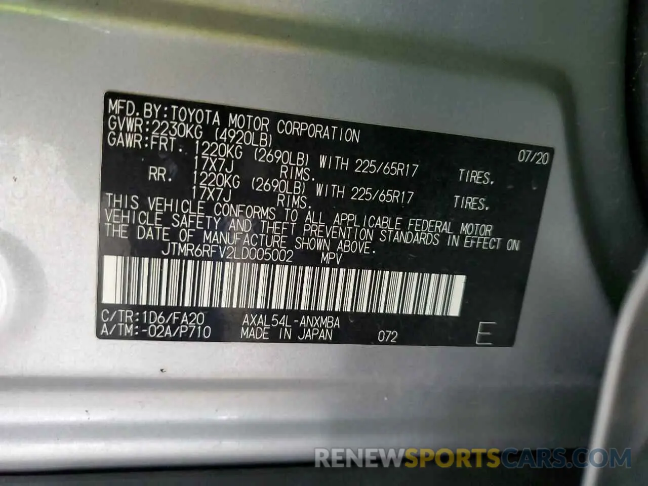12 Photograph of a damaged car JTMR6RFV2LD005002 TOYOTA RAV4 2020