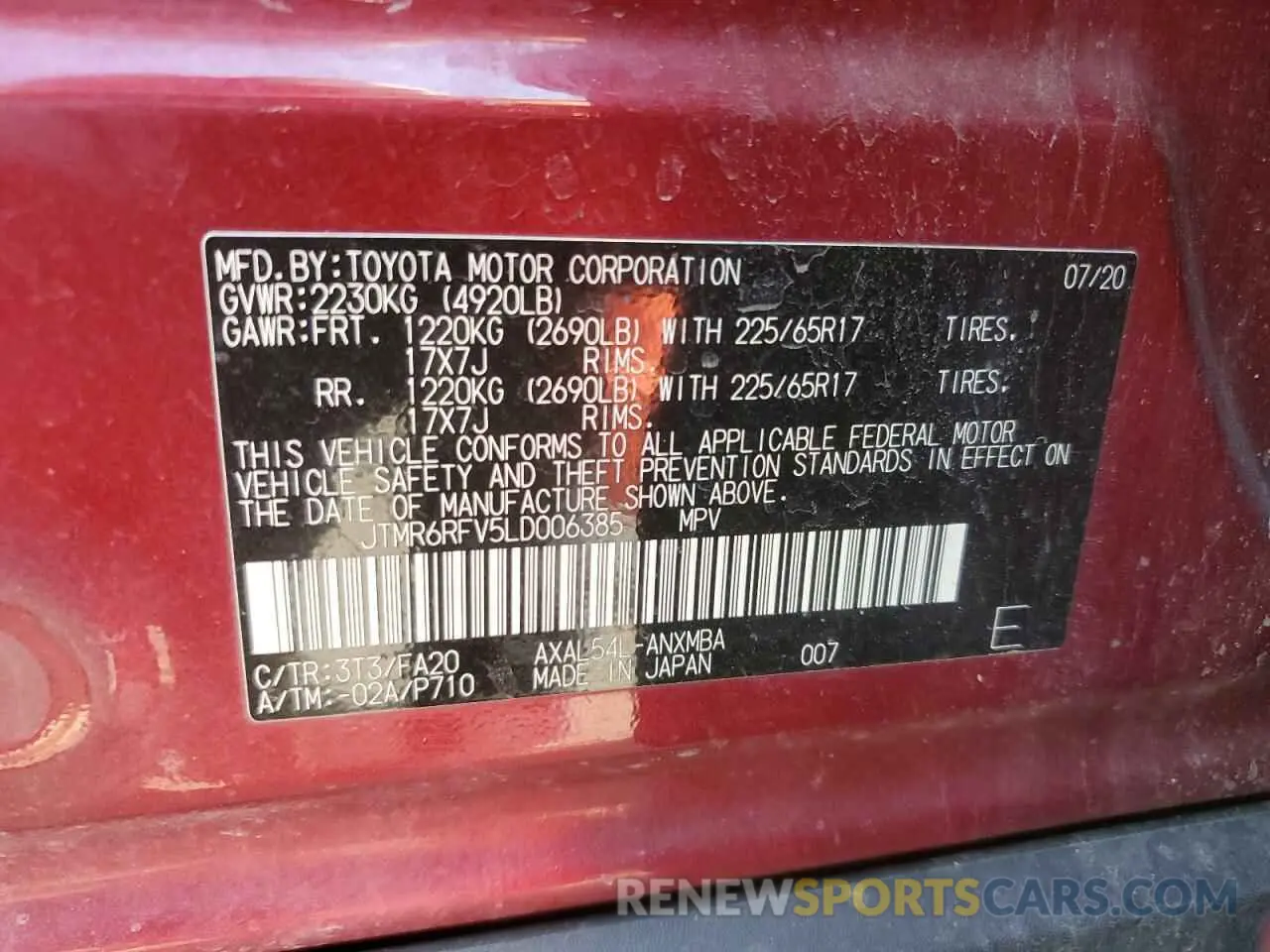 14 Photograph of a damaged car JTMR6RFV5LD006385 TOYOTA RAV4 2020