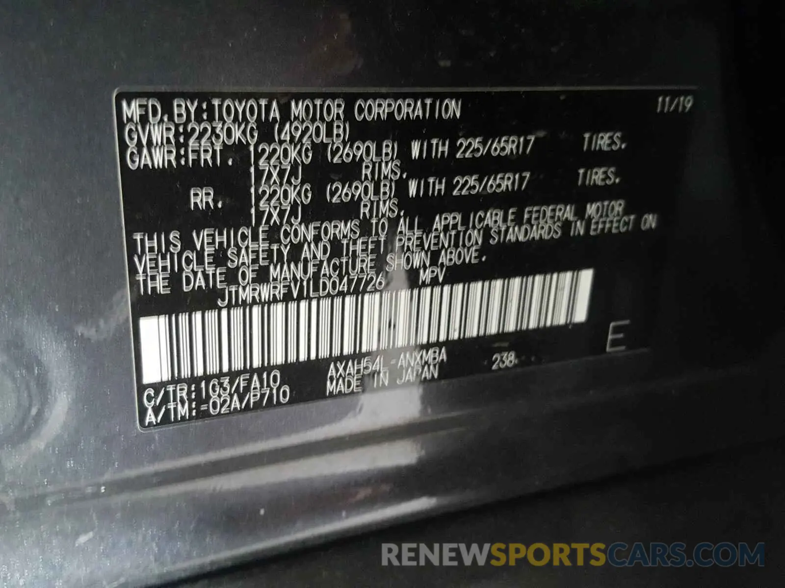 10 Photograph of a damaged car JTMRWRFV1LD047726 TOYOTA RAV4 2020