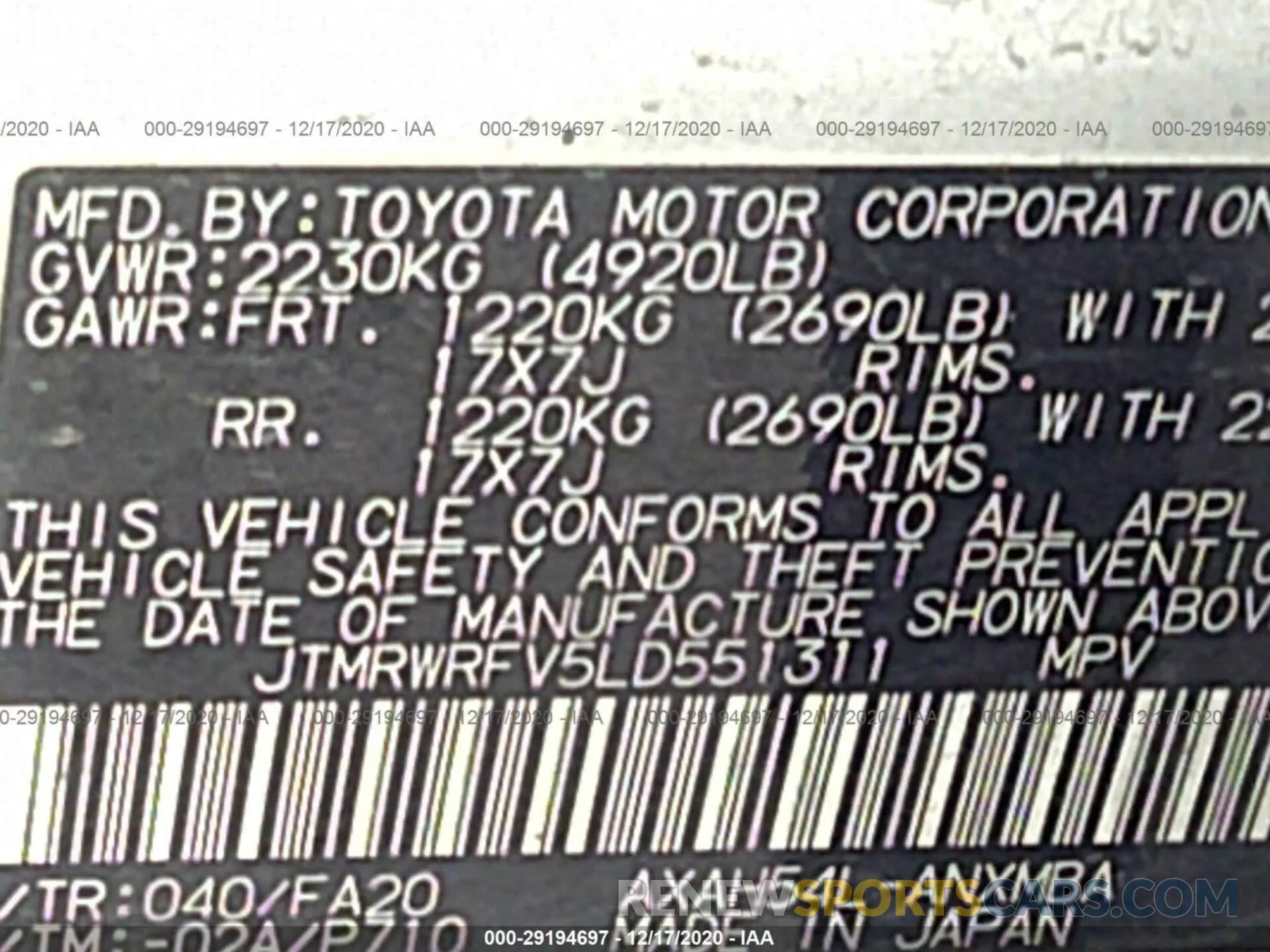 9 Photograph of a damaged car JTMRWRFV5LD551311 TOYOTA RAV4 2020