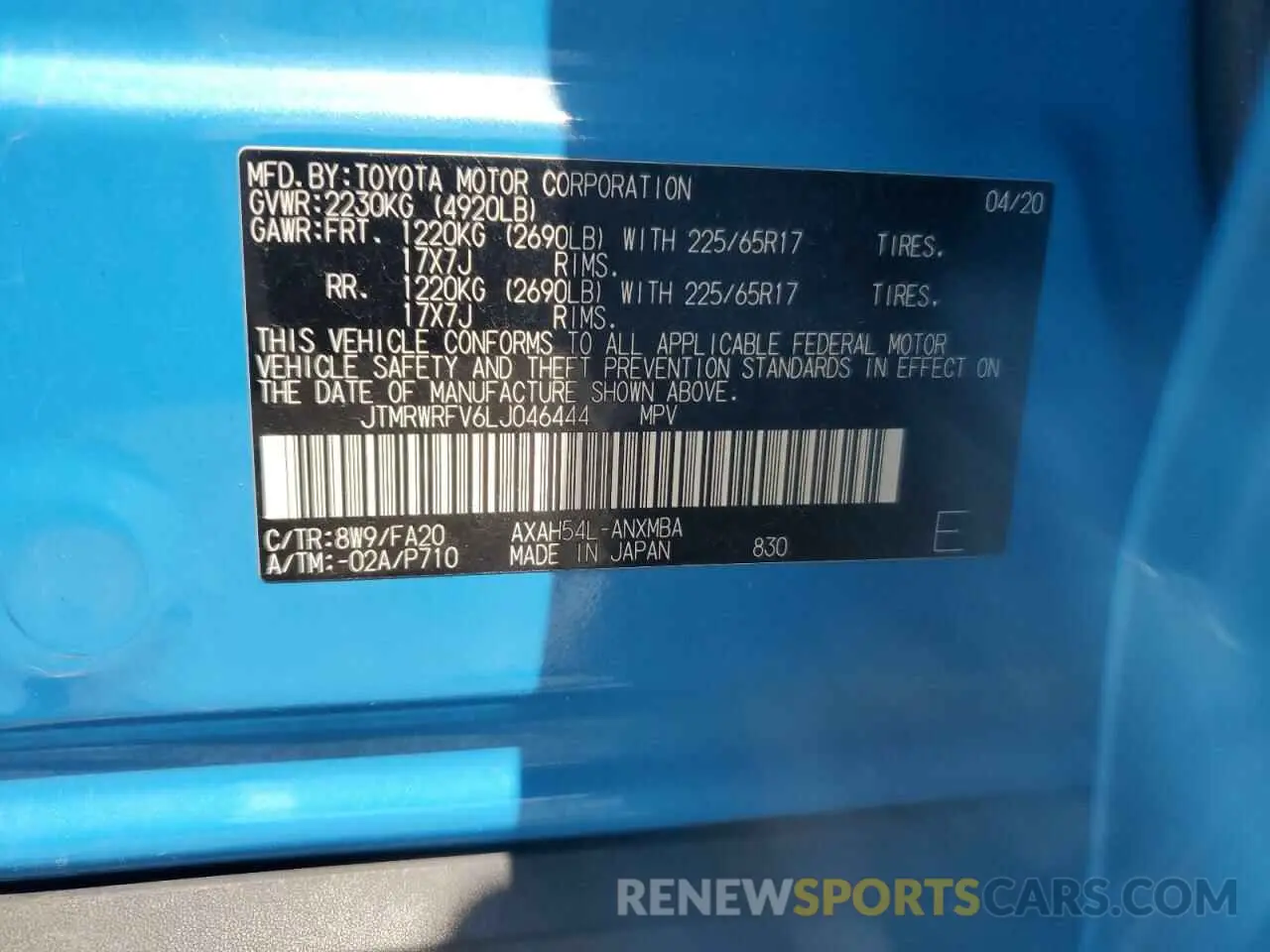 12 Фотография поврежденного автомобиля JTMRWRFV6LJ046444 TOYOTA RAV4 2020