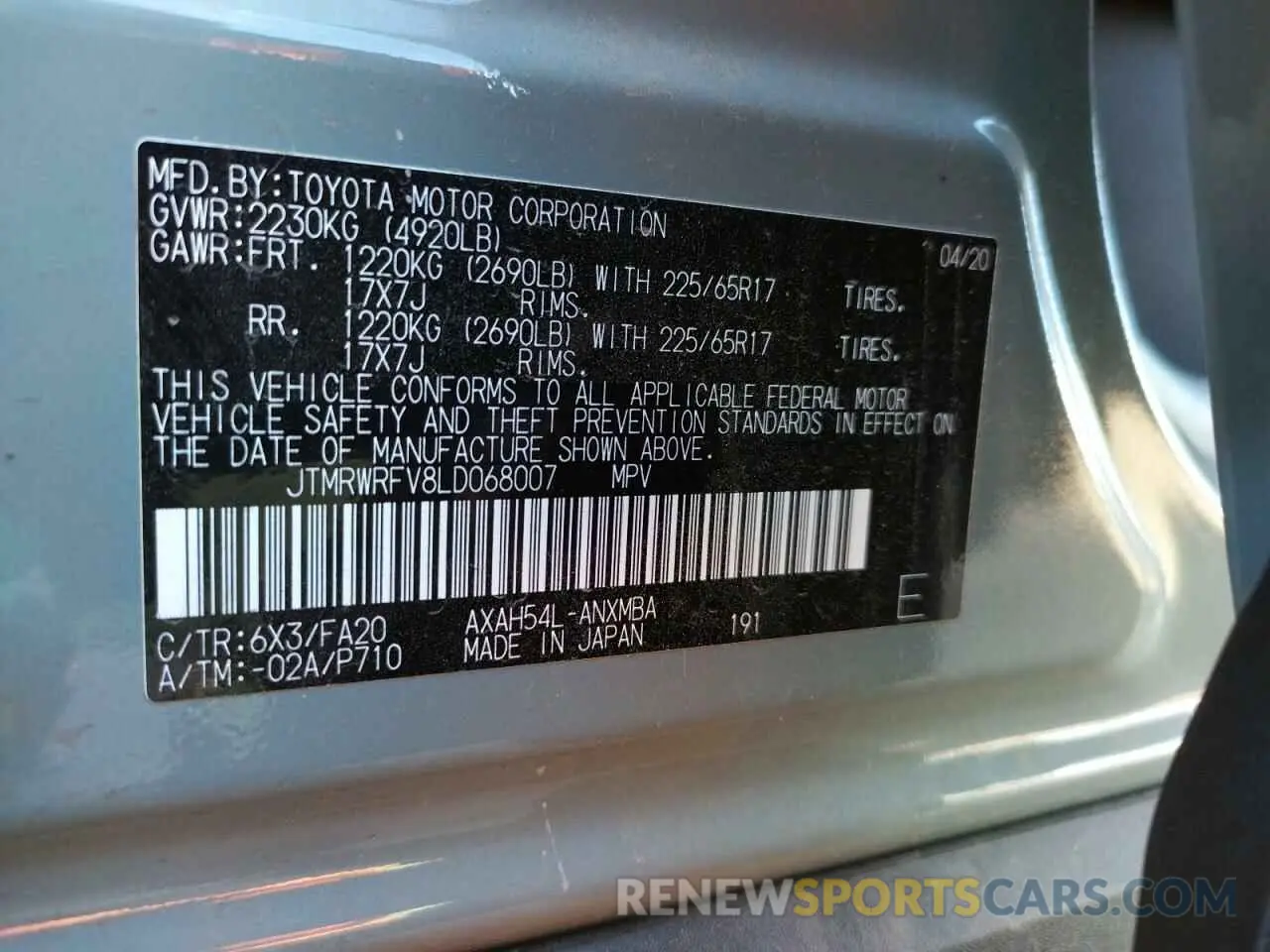 13 Фотография поврежденного автомобиля JTMRWRFV8LD068007 TOYOTA RAV4 2020