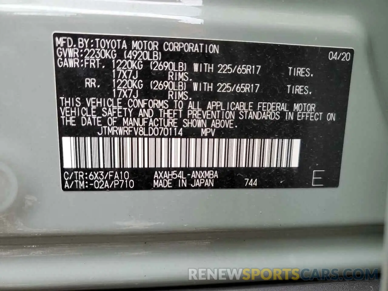 13 Фотография поврежденного автомобиля JTMRWRFV8LD070114 TOYOTA RAV4 2020