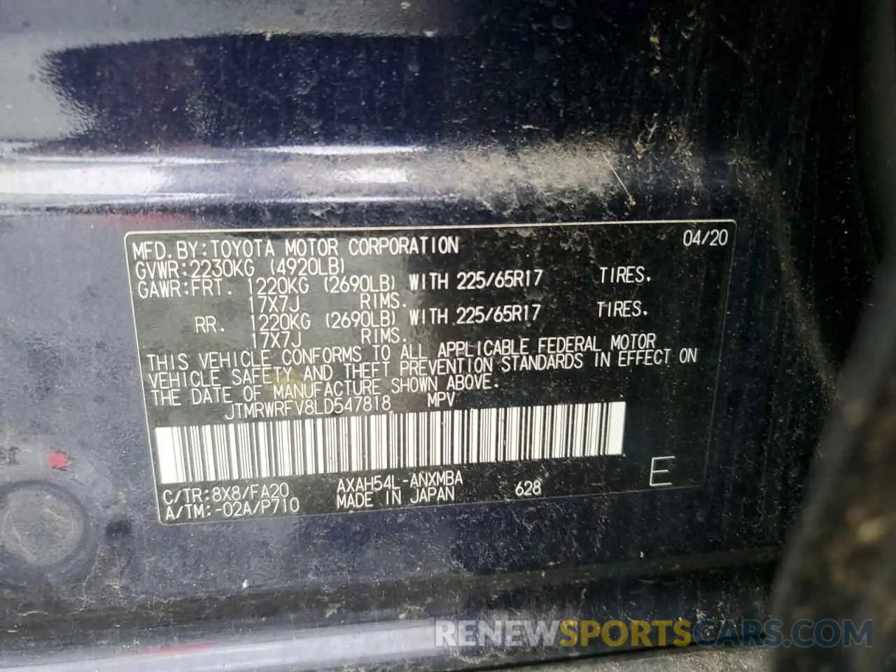 13 Photograph of a damaged car JTMRWRFV8LD547818 TOYOTA RAV4 2020