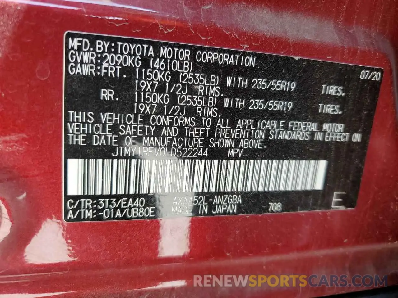14 Фотография поврежденного автомобиля JTMY1RFV0LD522244 TOYOTA RAV4 2020