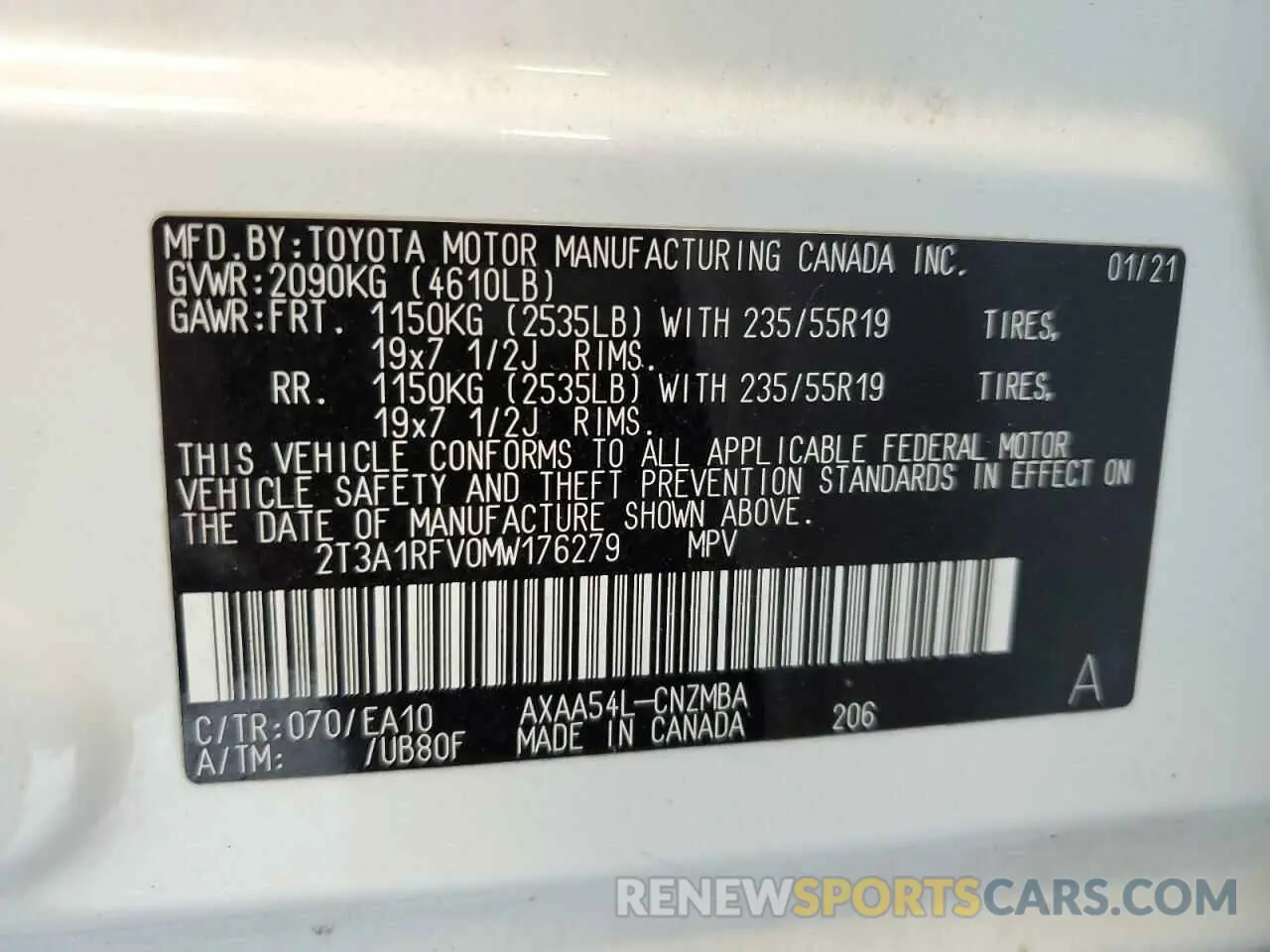 13 Фотография поврежденного автомобиля 2T3A1RFV0MW176279 TOYOTA RAV4 2021