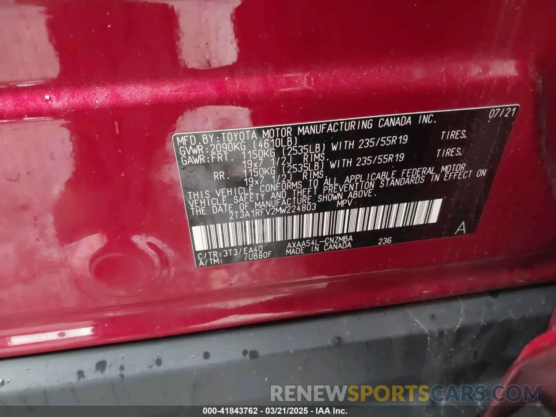 9 Photograph of a damaged car 2T3A1RFV2MW224803 TOYOTA RAV4 2021