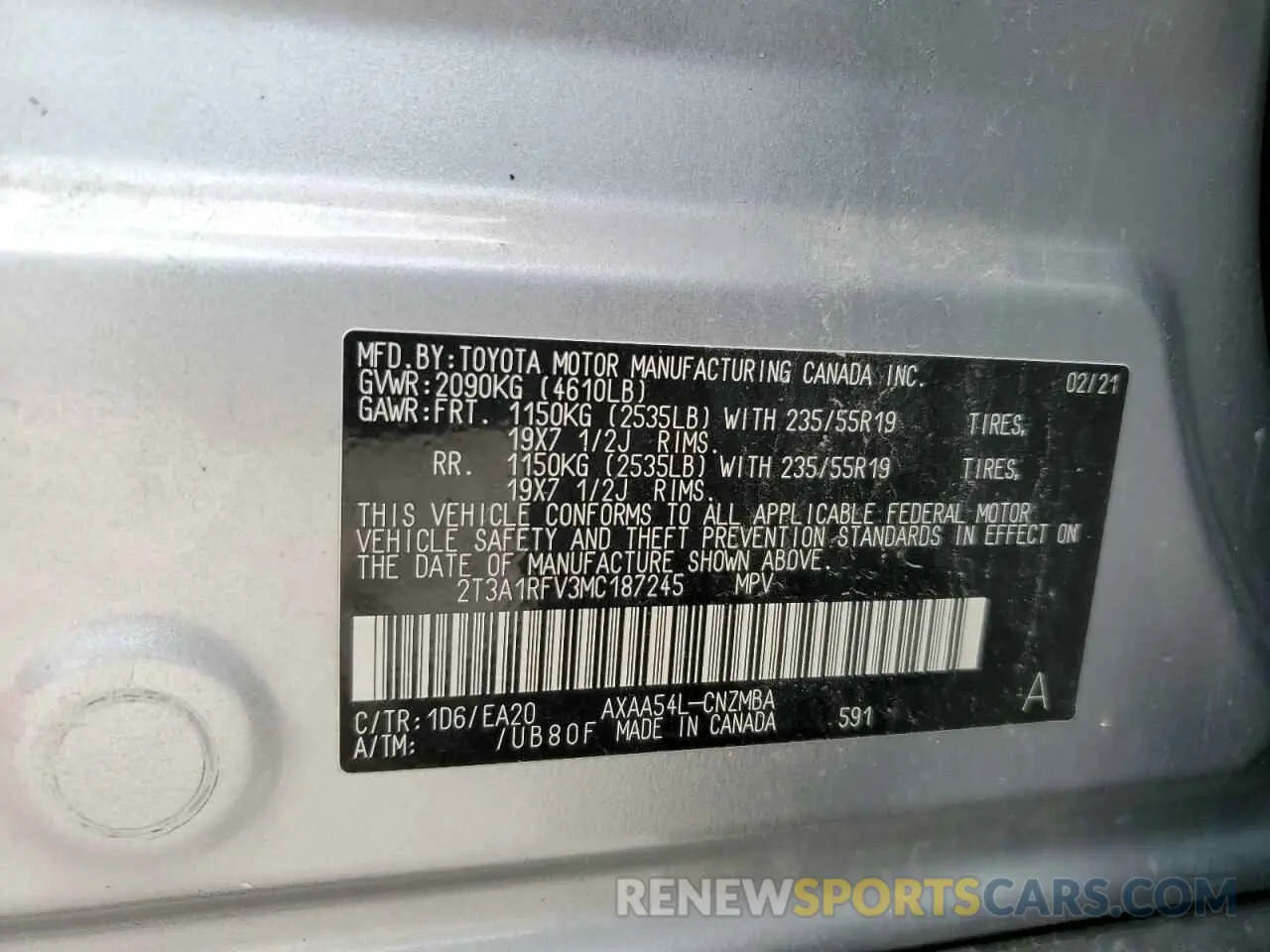 13 Фотография поврежденного автомобиля 2T3A1RFV3MC187245 TOYOTA RAV4 2021