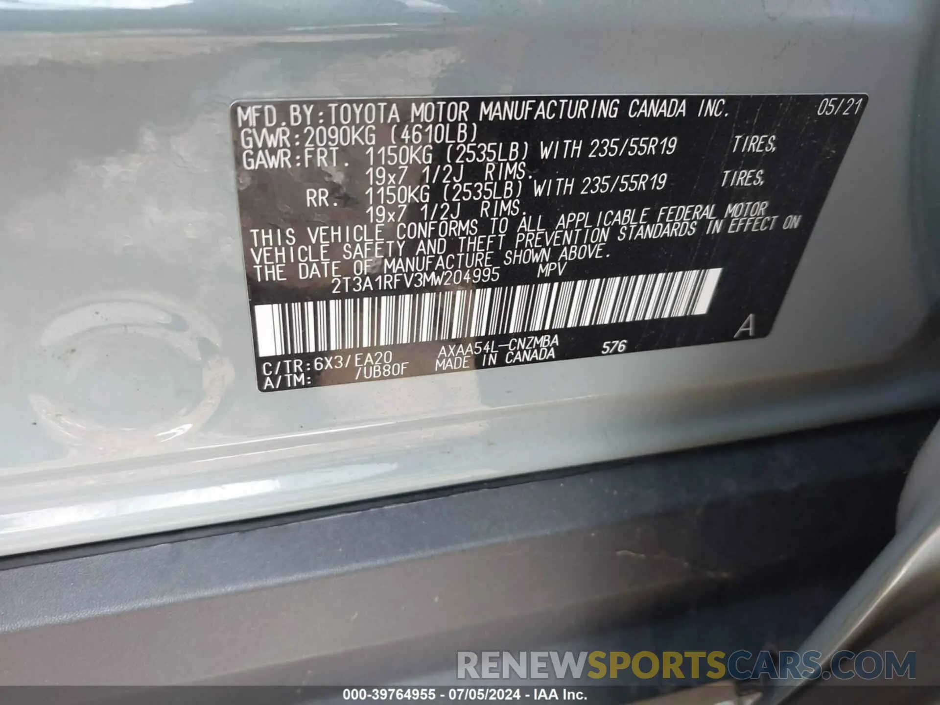 9 Фотография поврежденного автомобиля 2T3A1RFV3MW204995 TOYOTA RAV4 2021