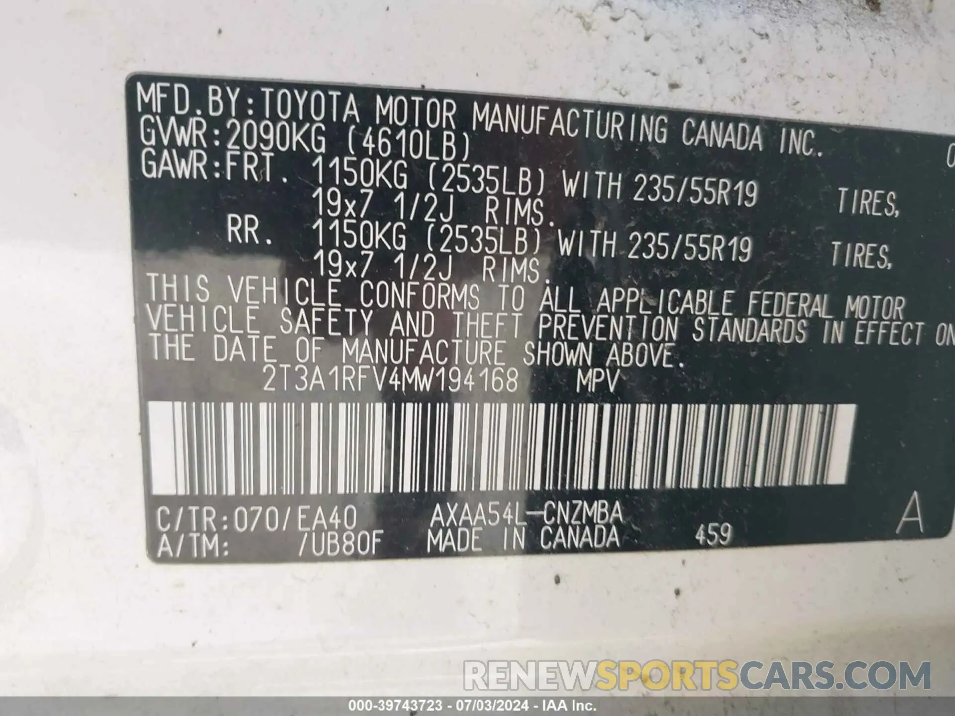 9 Фотография поврежденного автомобиля 2T3A1RFV4MW194168 TOYOTA RAV4 2021