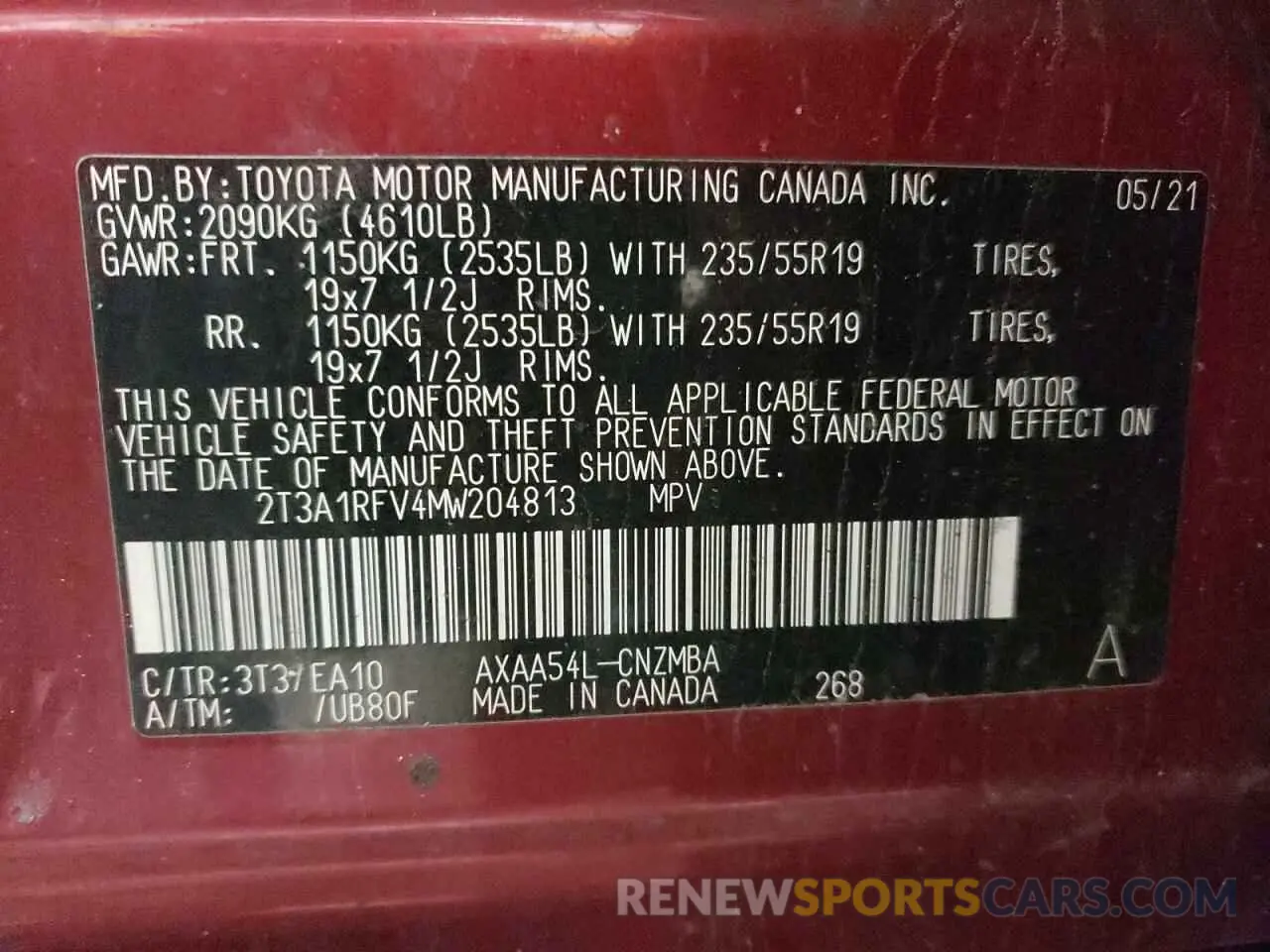 14 Photograph of a damaged car 2T3A1RFV4MW204813 TOYOTA RAV4 2021