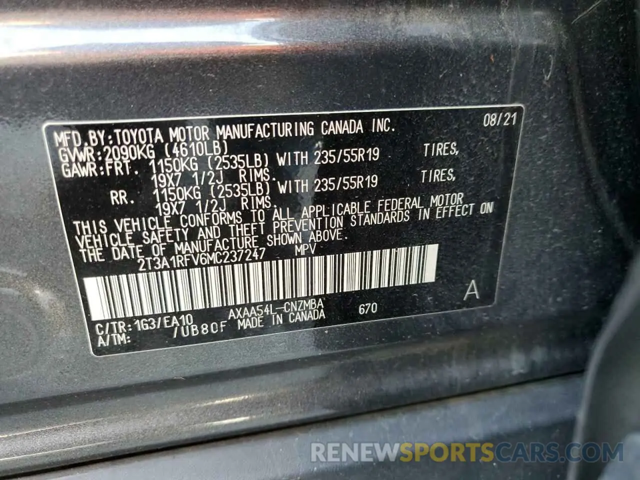 14 Фотография поврежденного автомобиля 2T3A1RFV6MC237247 TOYOTA RAV4 2021