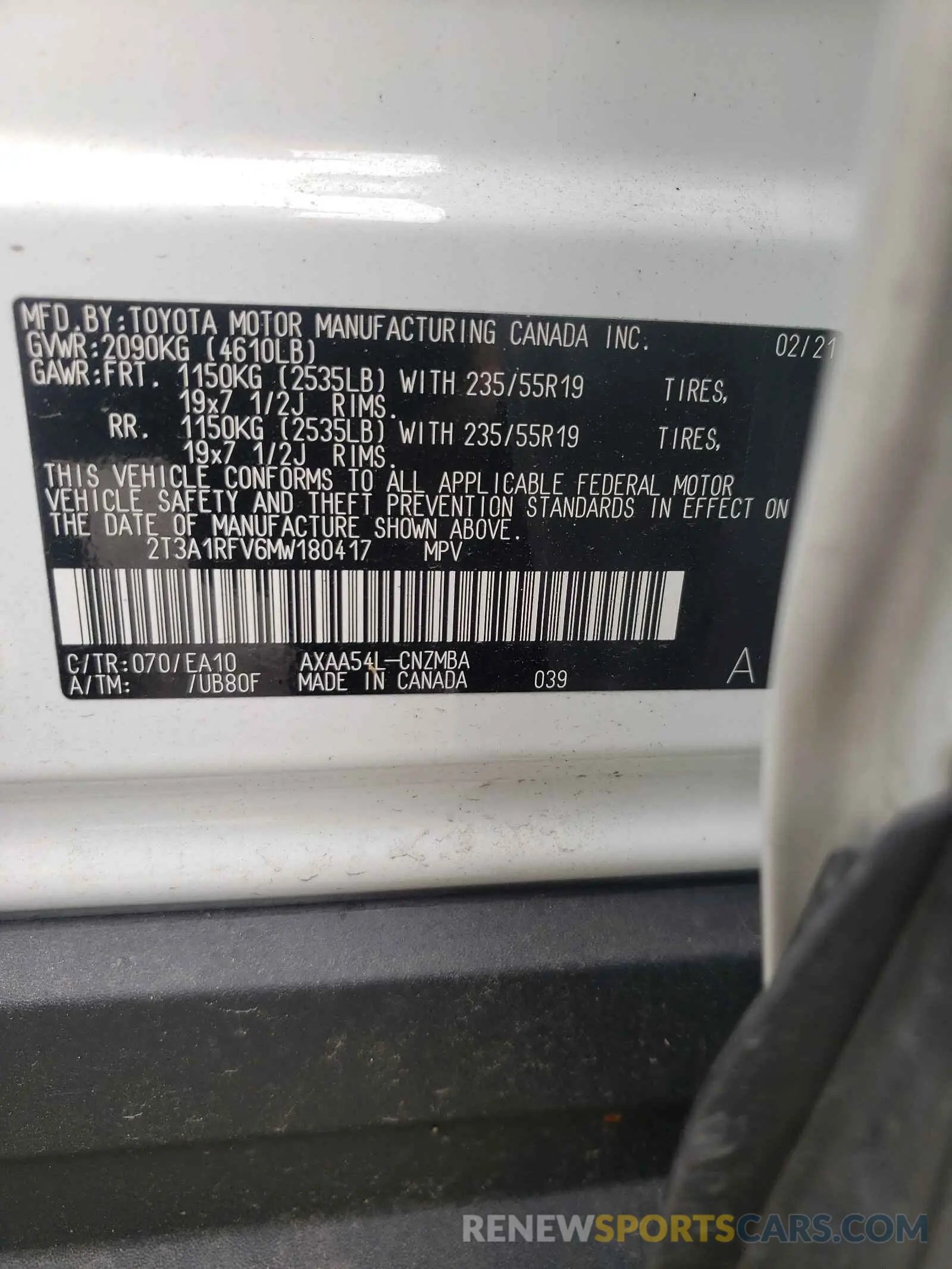 10 Photograph of a damaged car 2T3A1RFV6MW180417 TOYOTA RAV4 2021