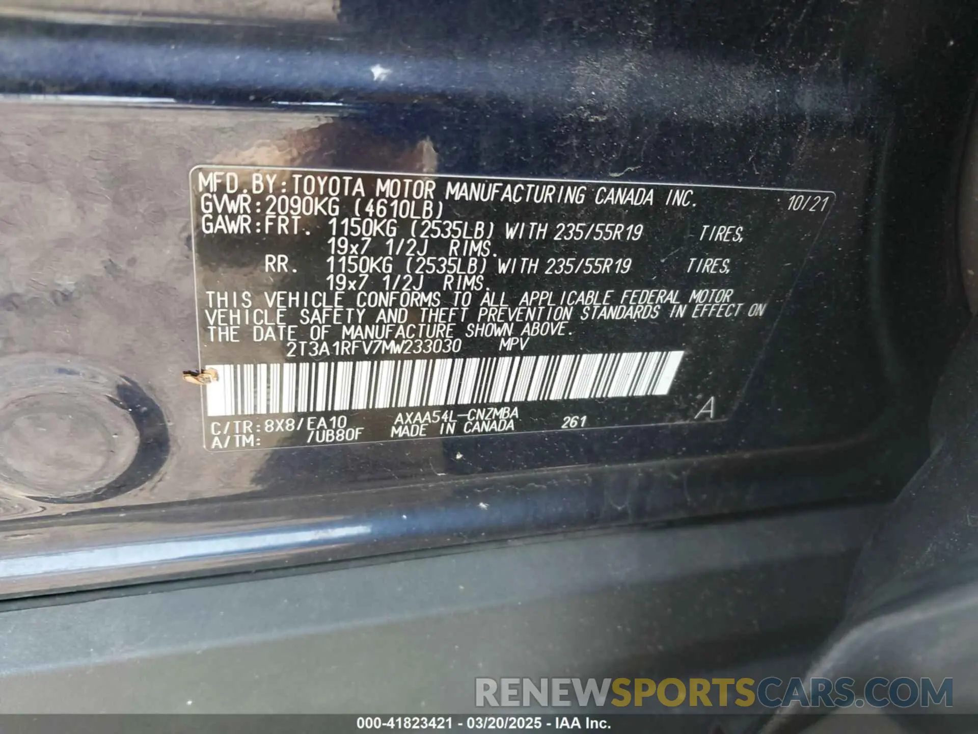 9 Photograph of a damaged car 2T3A1RFV7MW233030 TOYOTA RAV4 2021