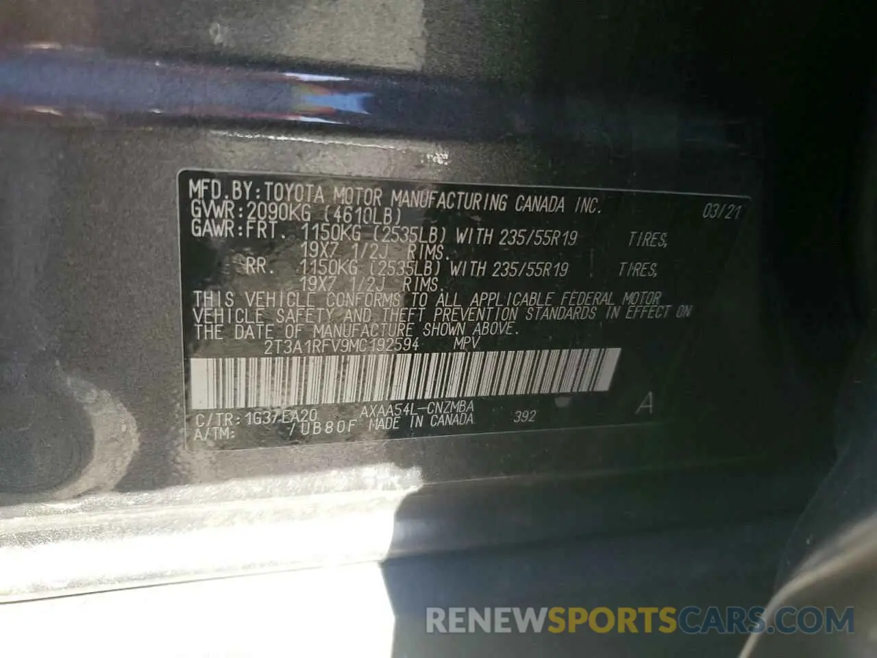 13 Фотография поврежденного автомобиля 2T3A1RFV9MC192594 TOYOTA RAV4 2021
