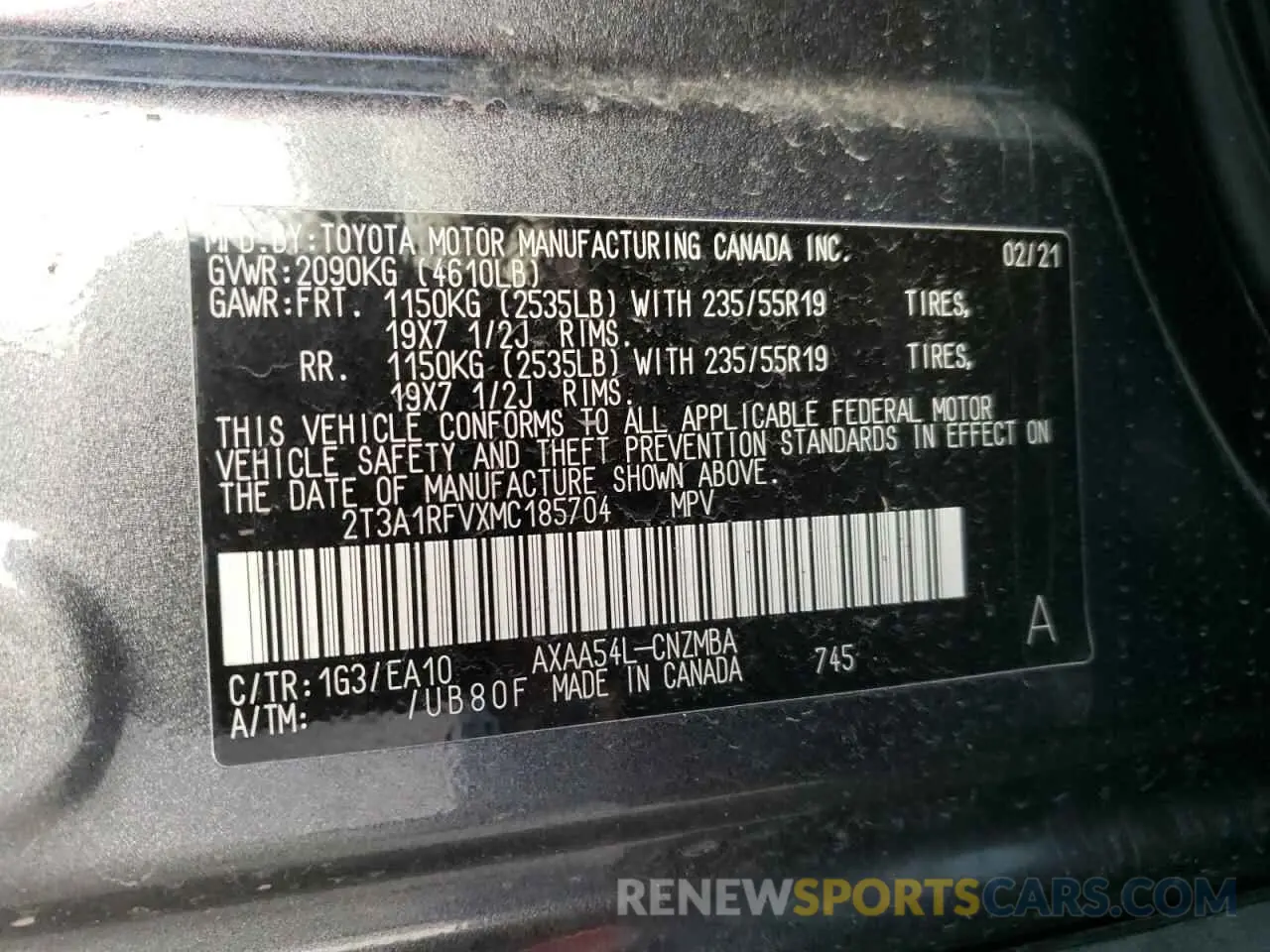 10 Photograph of a damaged car 2T3A1RFVXMC185704 TOYOTA RAV4 2021