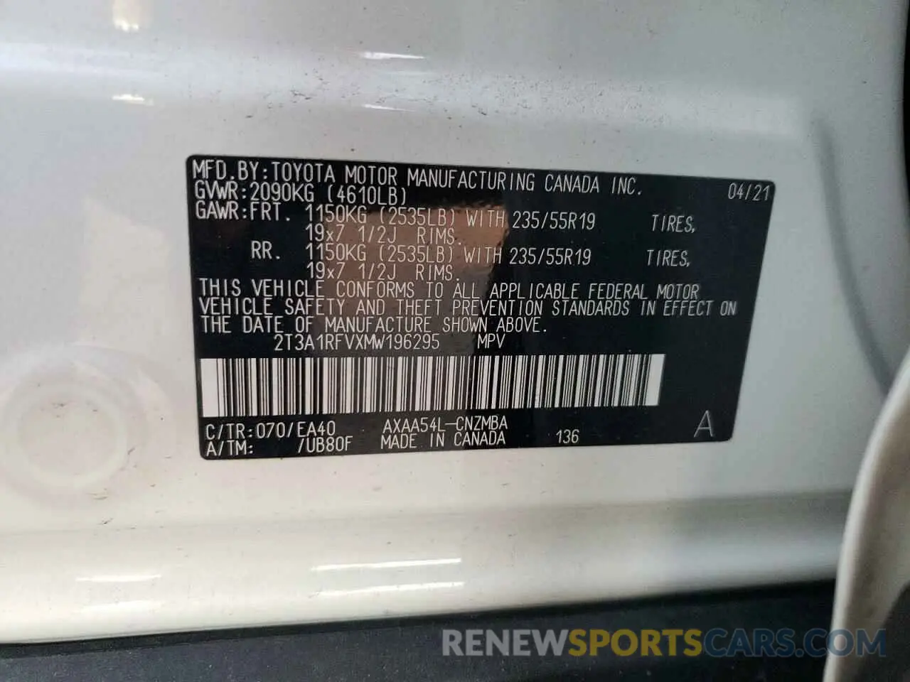10 Photograph of a damaged car 2T3A1RFVXMW196295 TOYOTA RAV4 2021