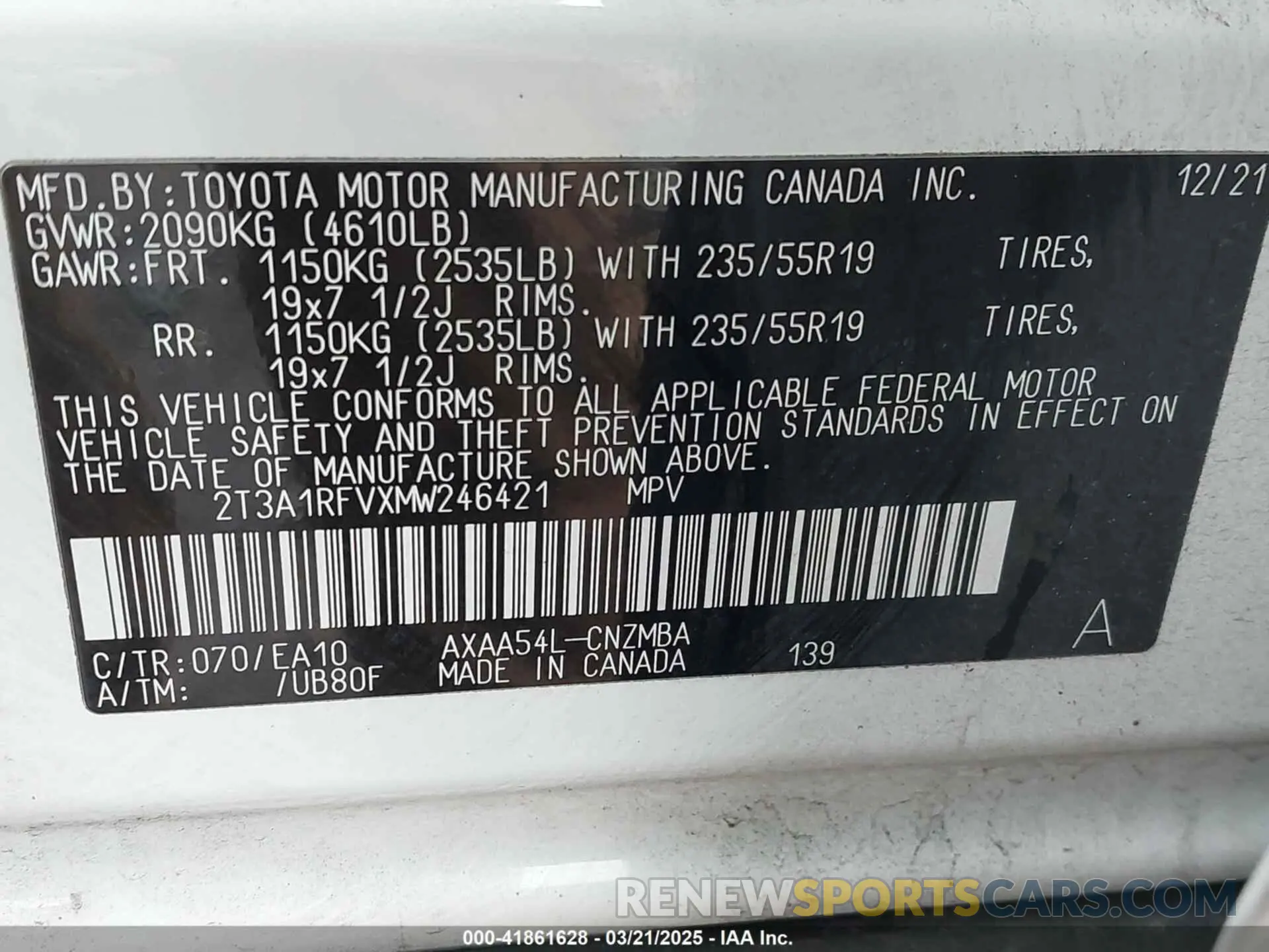 9 Photograph of a damaged car 2T3A1RFVXMW246421 TOYOTA RAV4 2021