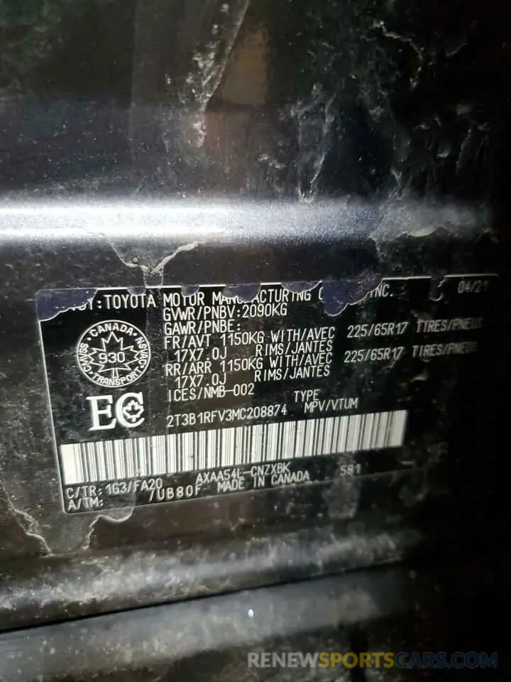 13 Photograph of a damaged car 2T3B1RFV3MC208874 TOYOTA RAV4 2021