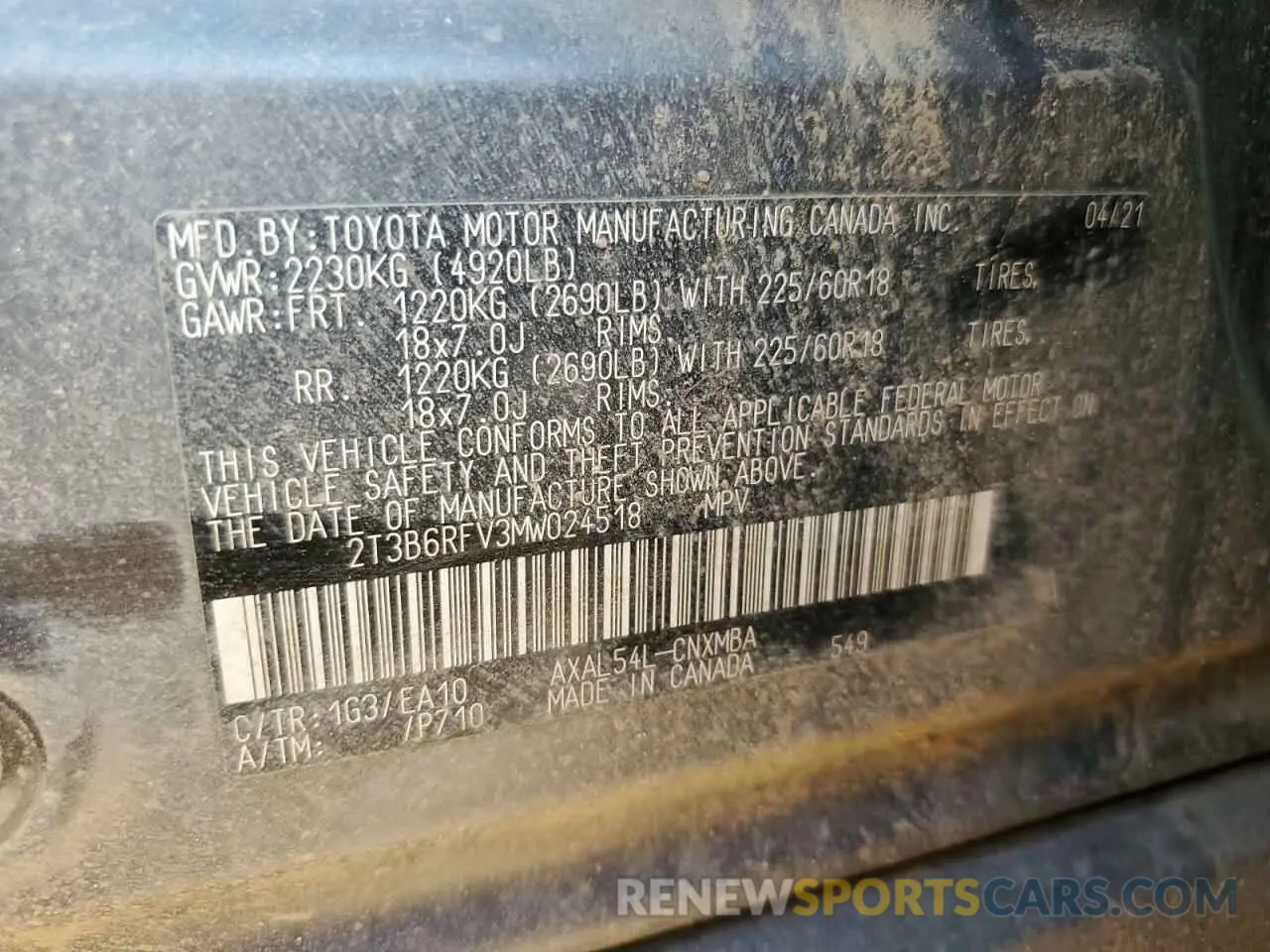 13 Photograph of a damaged car 2T3B6RFV3MW024518 TOYOTA RAV4 2021