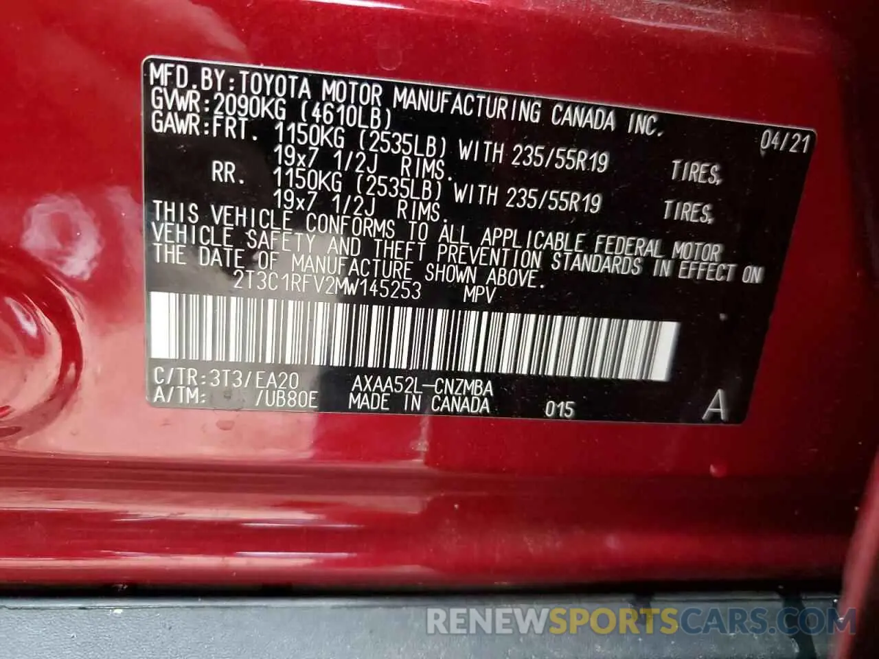 14 Фотография поврежденного автомобиля 2T3C1RFV2MW145253 TOYOTA RAV4 2021