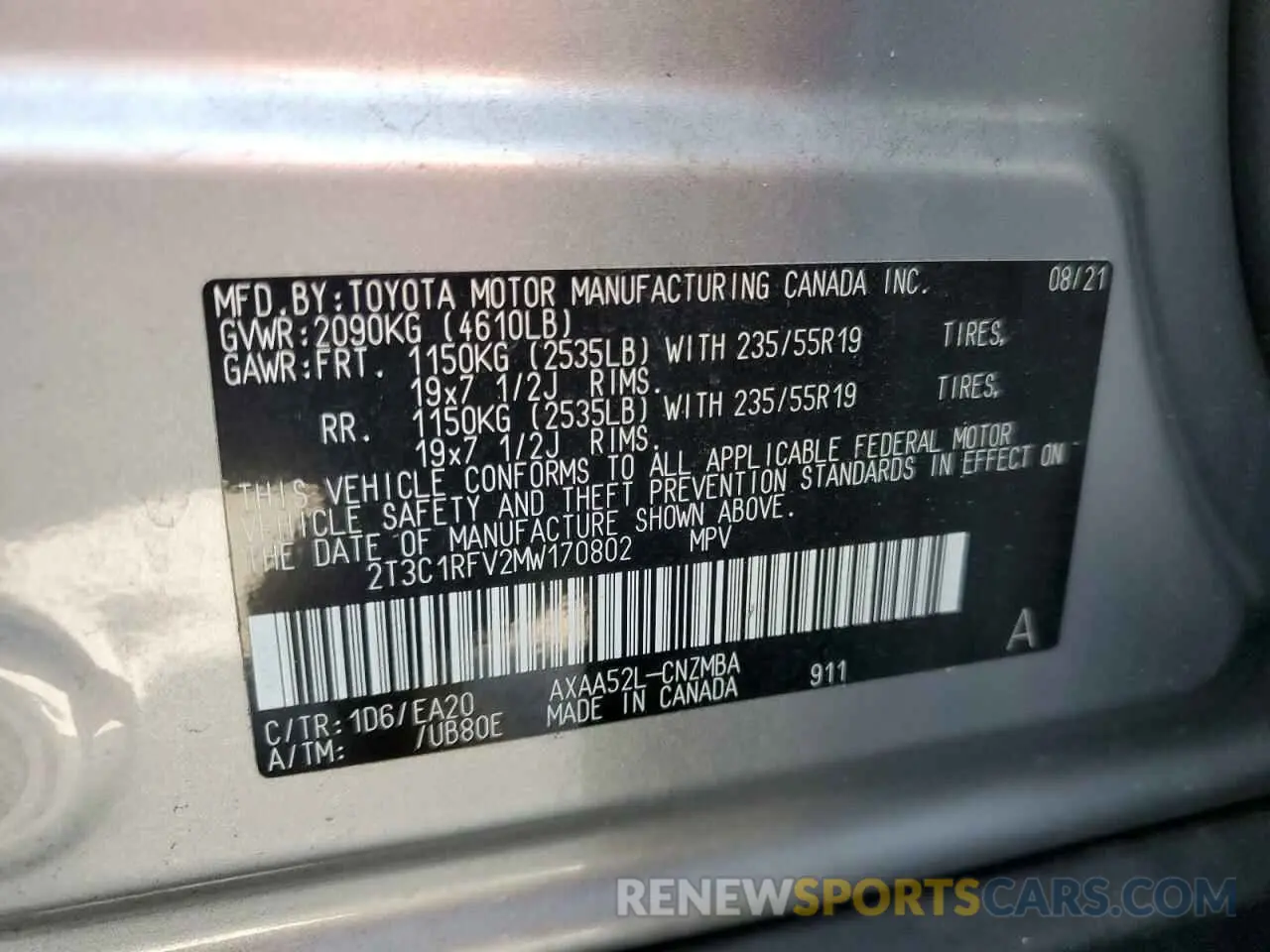 14 Photograph of a damaged car 2T3C1RFV2MW170802 TOYOTA RAV4 2021