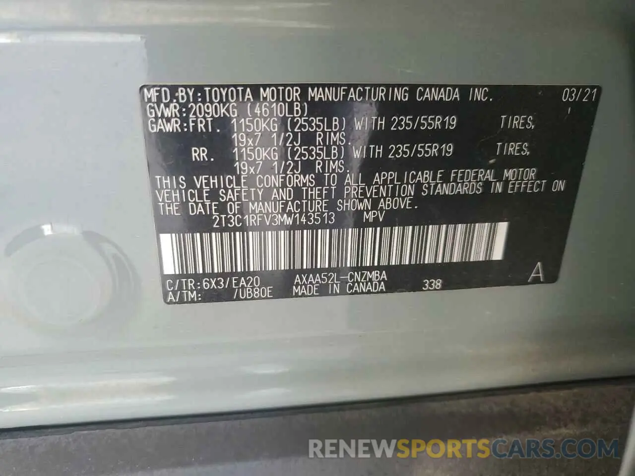 13 Фотография поврежденного автомобиля 2T3C1RFV3MW143513 TOYOTA RAV4 2021