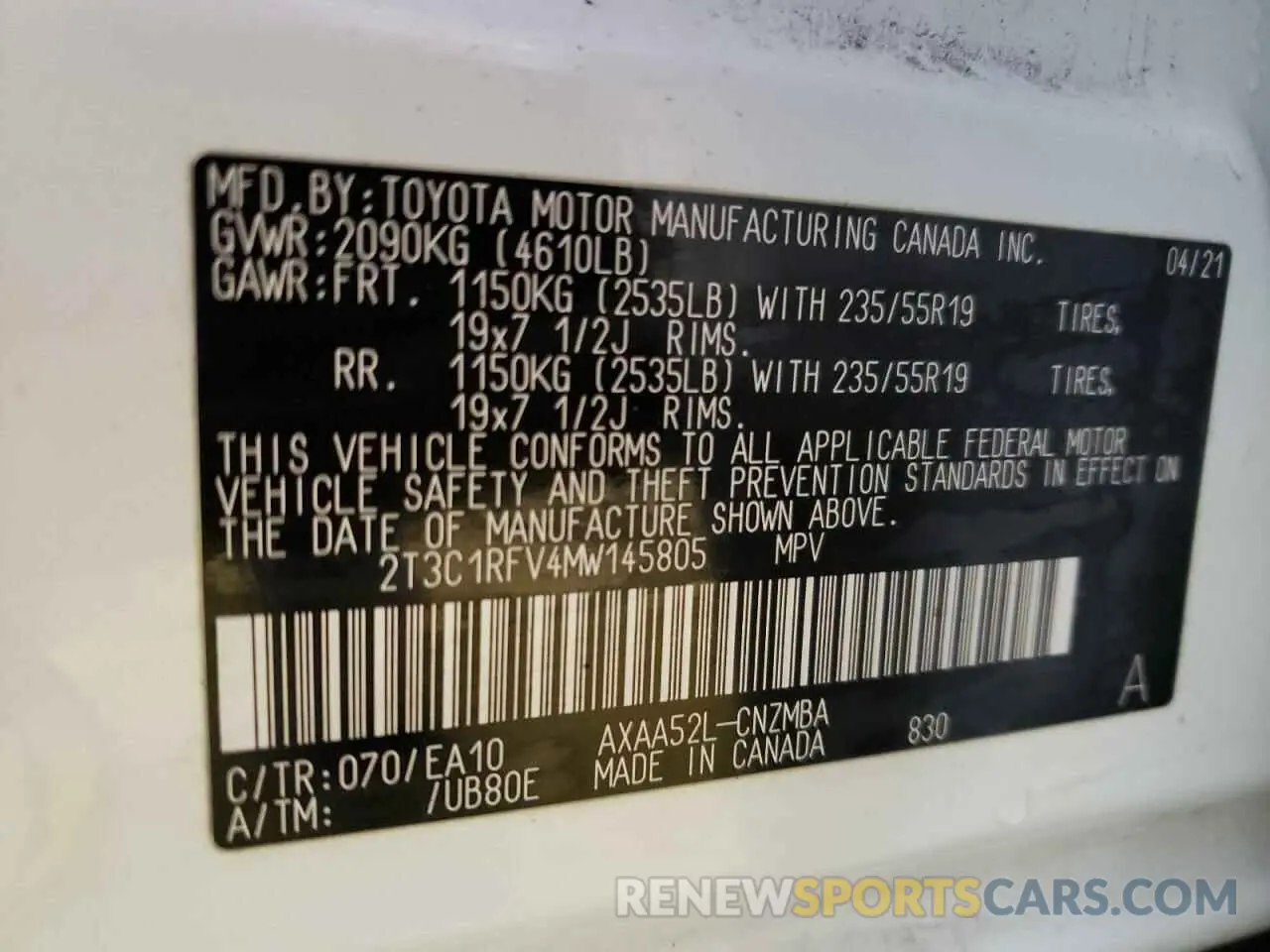 13 Фотография поврежденного автомобиля 2T3C1RFV4MW145805 TOYOTA RAV4 2021
