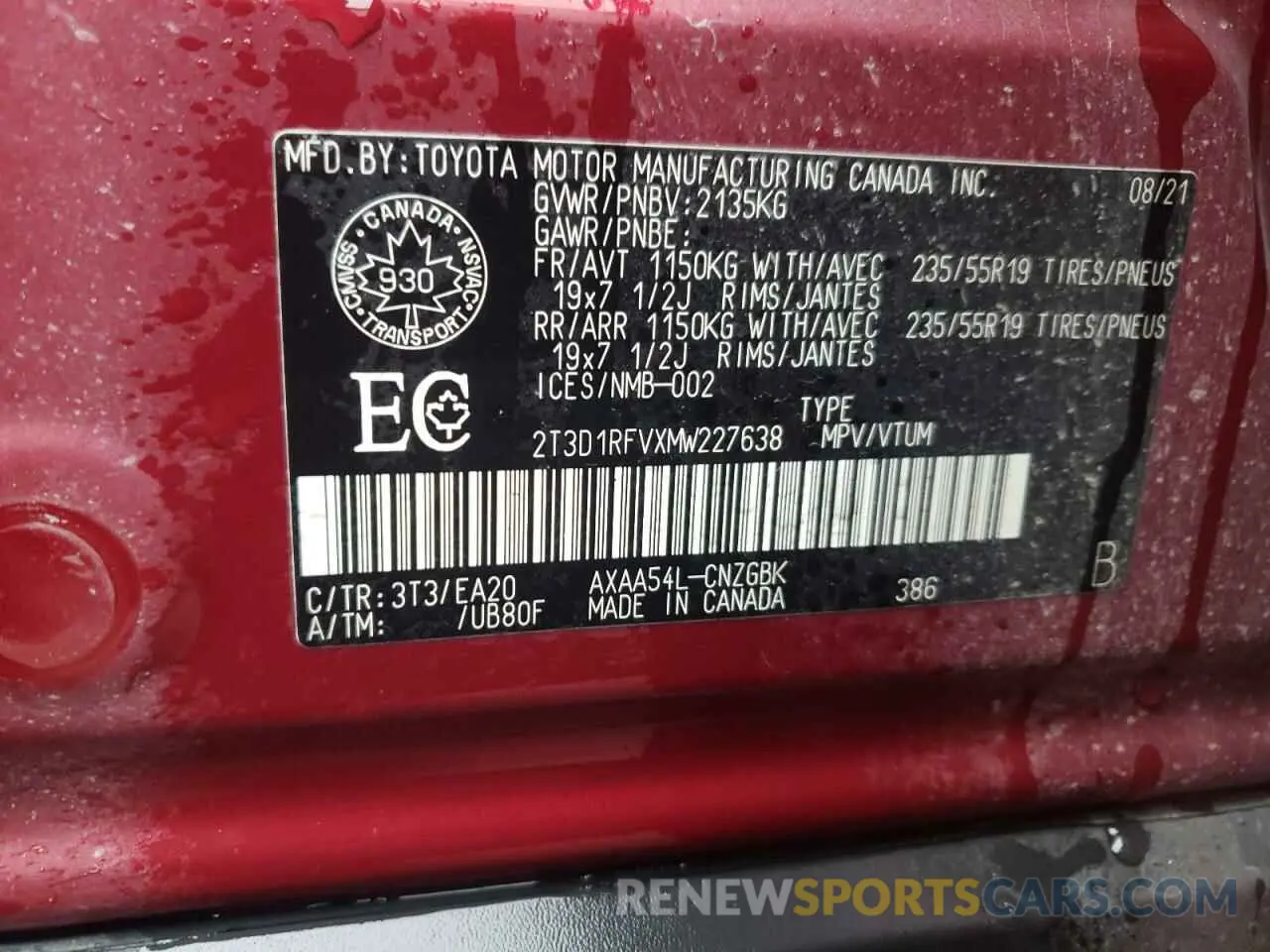 14 Photograph of a damaged car 2T3D1RFVXMW227638 TOYOTA RAV4 2021