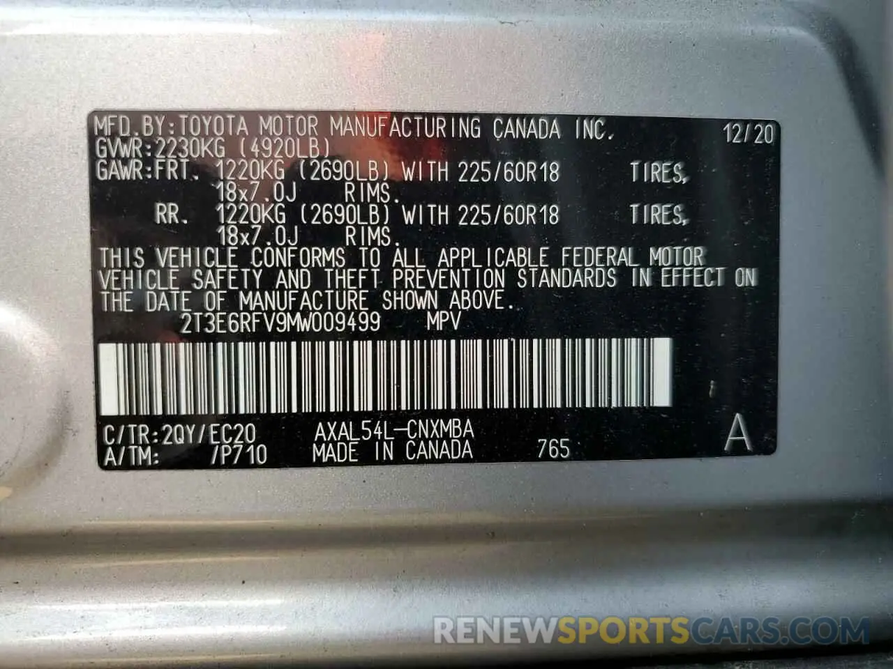 10 Photograph of a damaged car 2T3E6RFV9MW009499 TOYOTA RAV4 2021