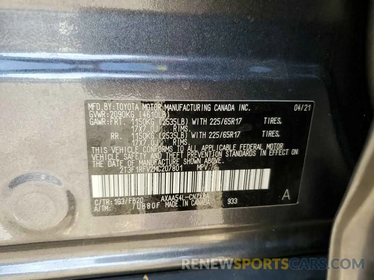 14 Фотография поврежденного автомобиля 2T3F1RFV2MC207801 TOYOTA RAV4 2021