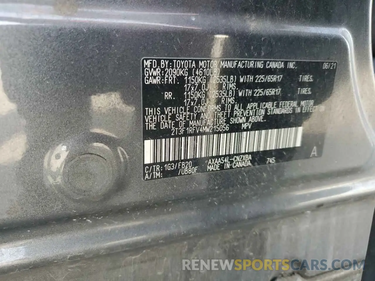 13 Photograph of a damaged car 2T3F1RFV4MW215056 TOYOTA RAV4 2021