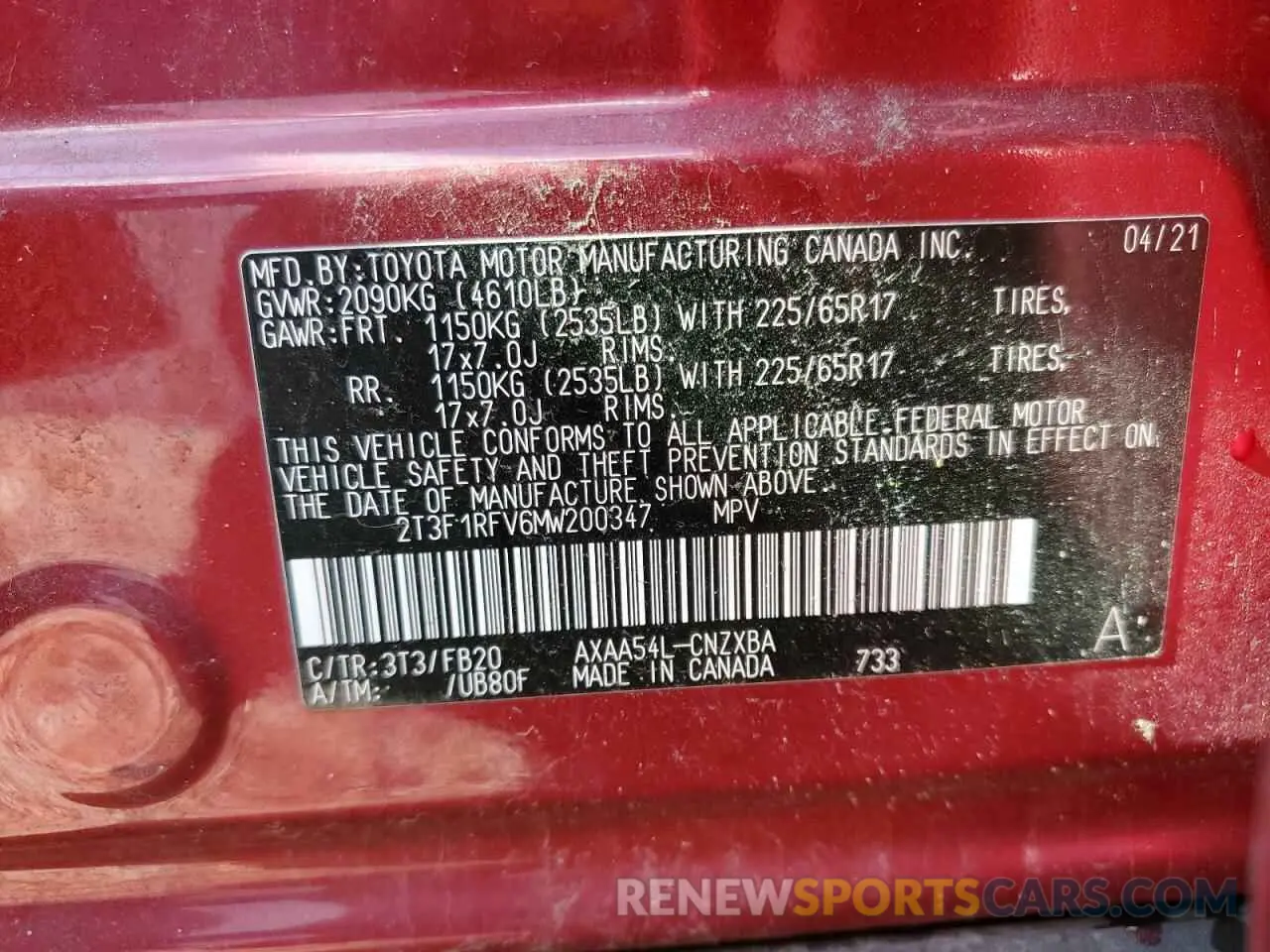 13 Photograph of a damaged car 2T3F1RFV6MW200347 TOYOTA RAV4 2021