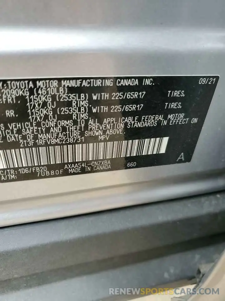 13 Photograph of a damaged car 2T3F1RFV8MC238731 TOYOTA RAV4 2021