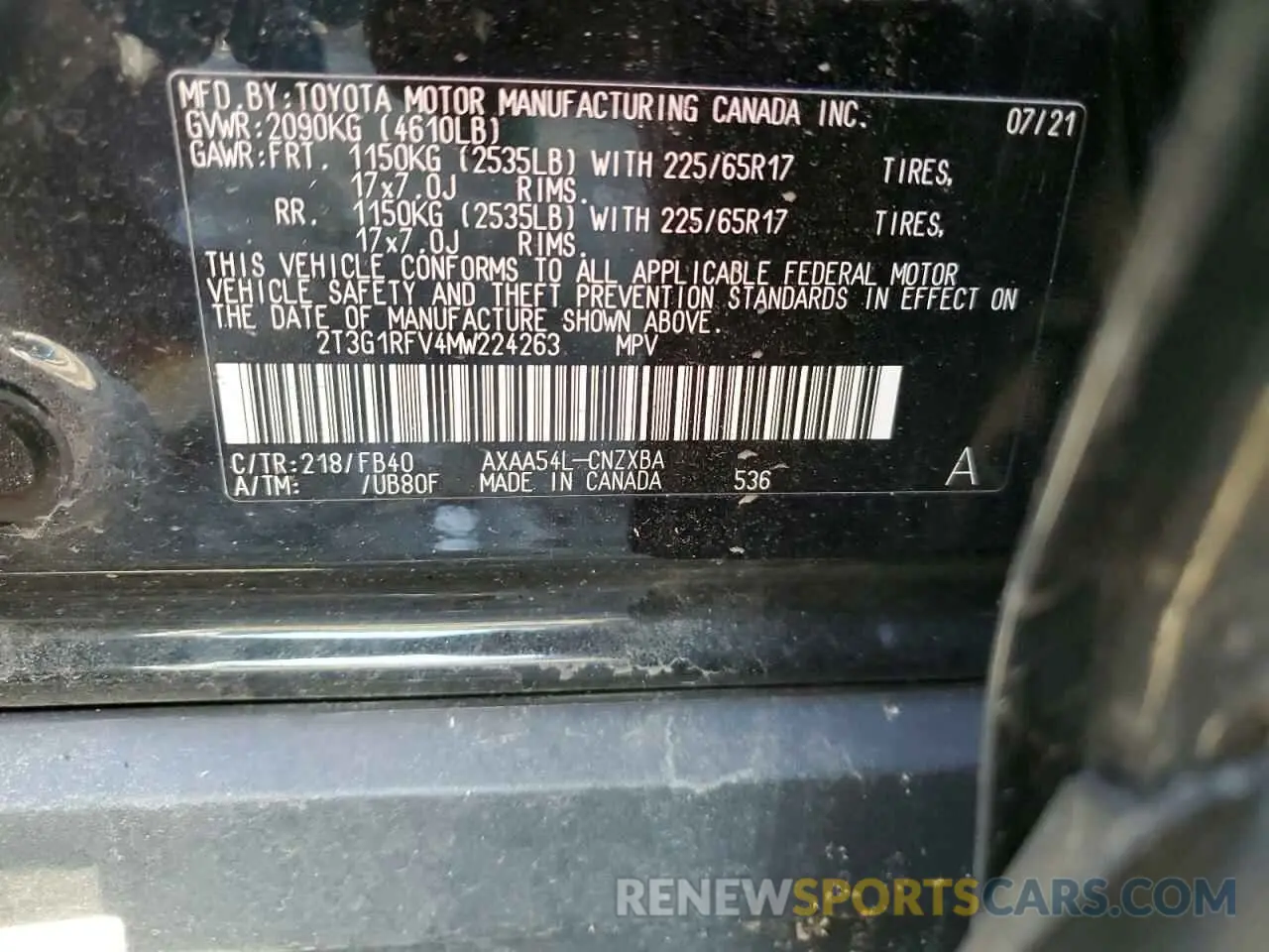 13 Фотография поврежденного автомобиля 2T3G1RFV4MW224263 TOYOTA RAV4 2021